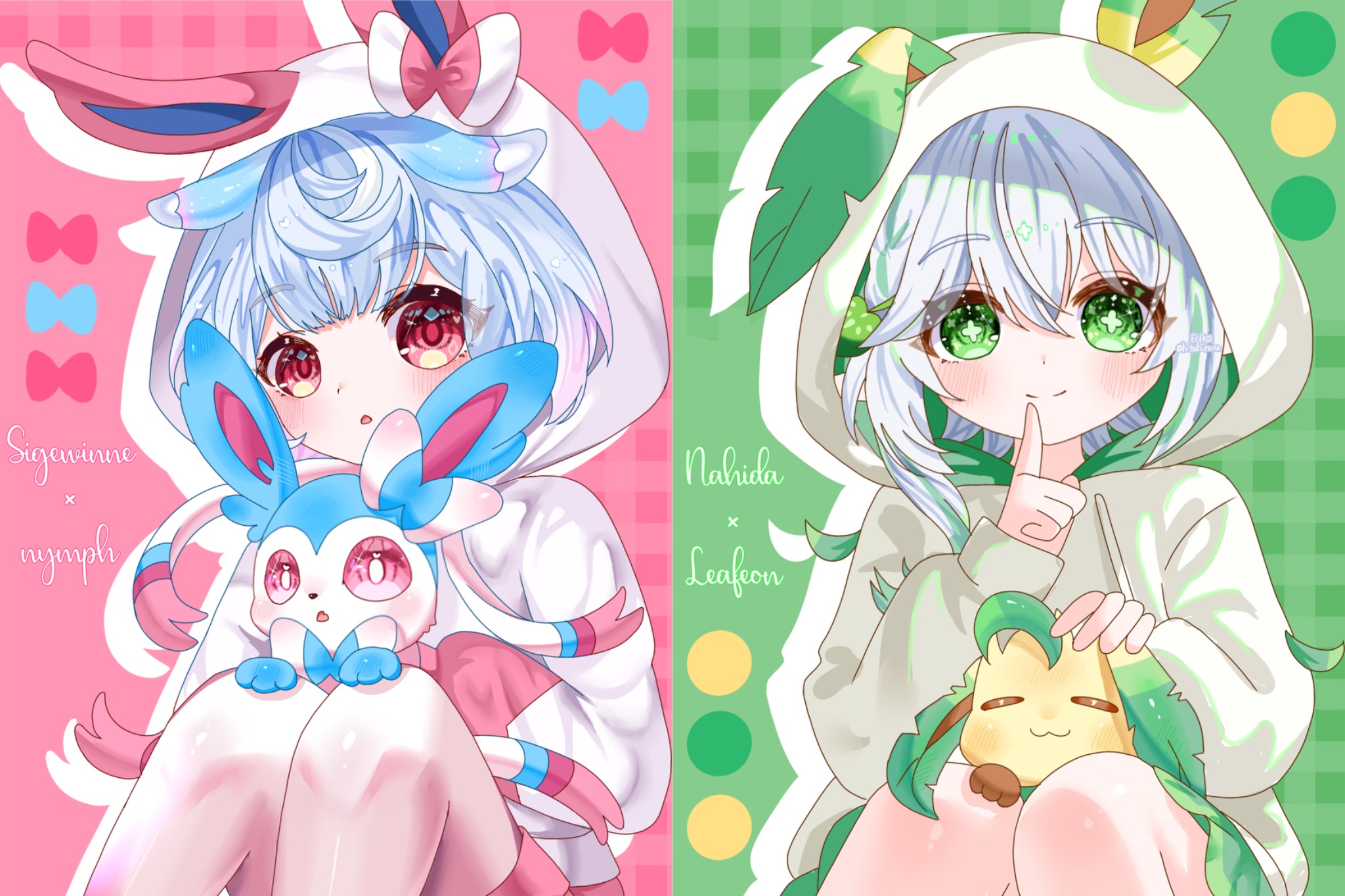 hitsuki (ruon), leafeon, melusine (genshin impact), nahida (genshin impact), sigewinne (genshin impact), sylveon, genshin impact, nintendo, pokemon, commentary request, highres, 2girls, :3, alternate color, animal ear hood, animal ears, blue hair, blush, character name, closed mouth, cross-shaped pupils, crossover, fake animal ears, finger to mouth, gen 4 pokemon, gen 6 pokemon, green background, green eyes, green hair, hair between eyes, hair ornament, hood, hood up, leaf hair ornament, long hair, long sleeves, looking at viewer, multicolored hair, multiple girls, parted lips, pink background, red eyes, shiny pokemon, sitting, sitting on lap, sitting on person, smile, symbol-shaped pupils, white hair