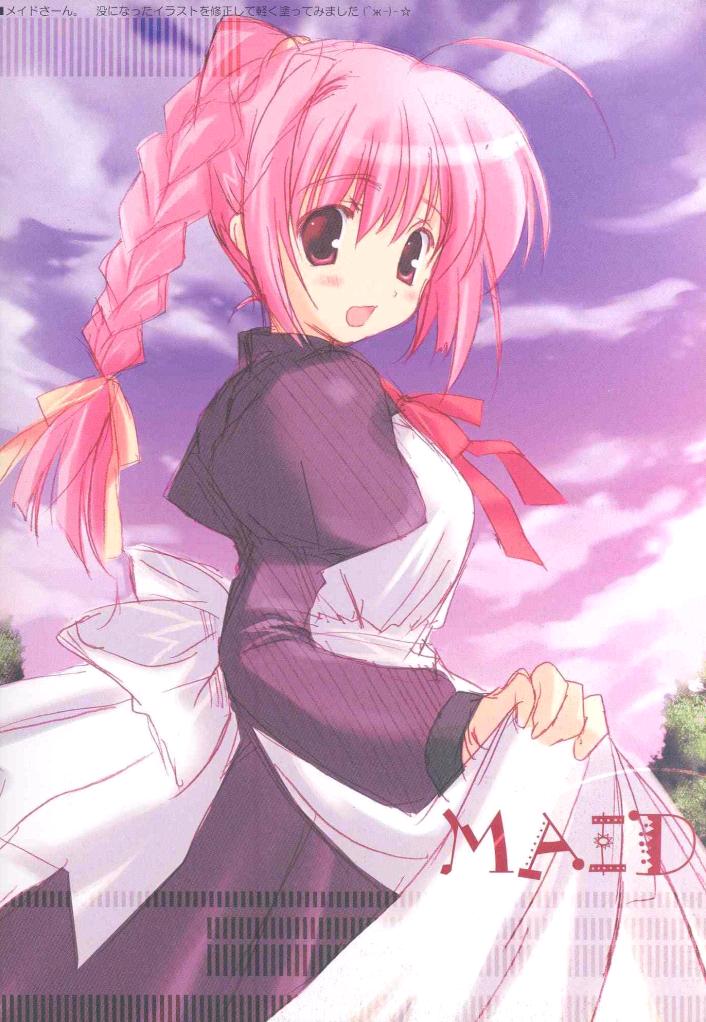 scan, ahoge, braid, maid, pink hair, red eyes, single braid, solo