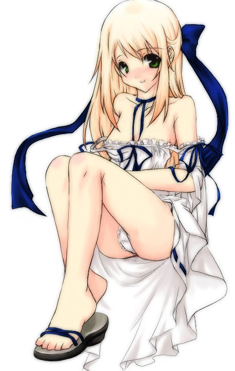 artoria pendragon (fate), saber (fate), fate/stay night, fate (series), 00s, alternate costume, bare shoulders, blonde hair, choker, dress, green eyes, panties, sandals, solo, underwear