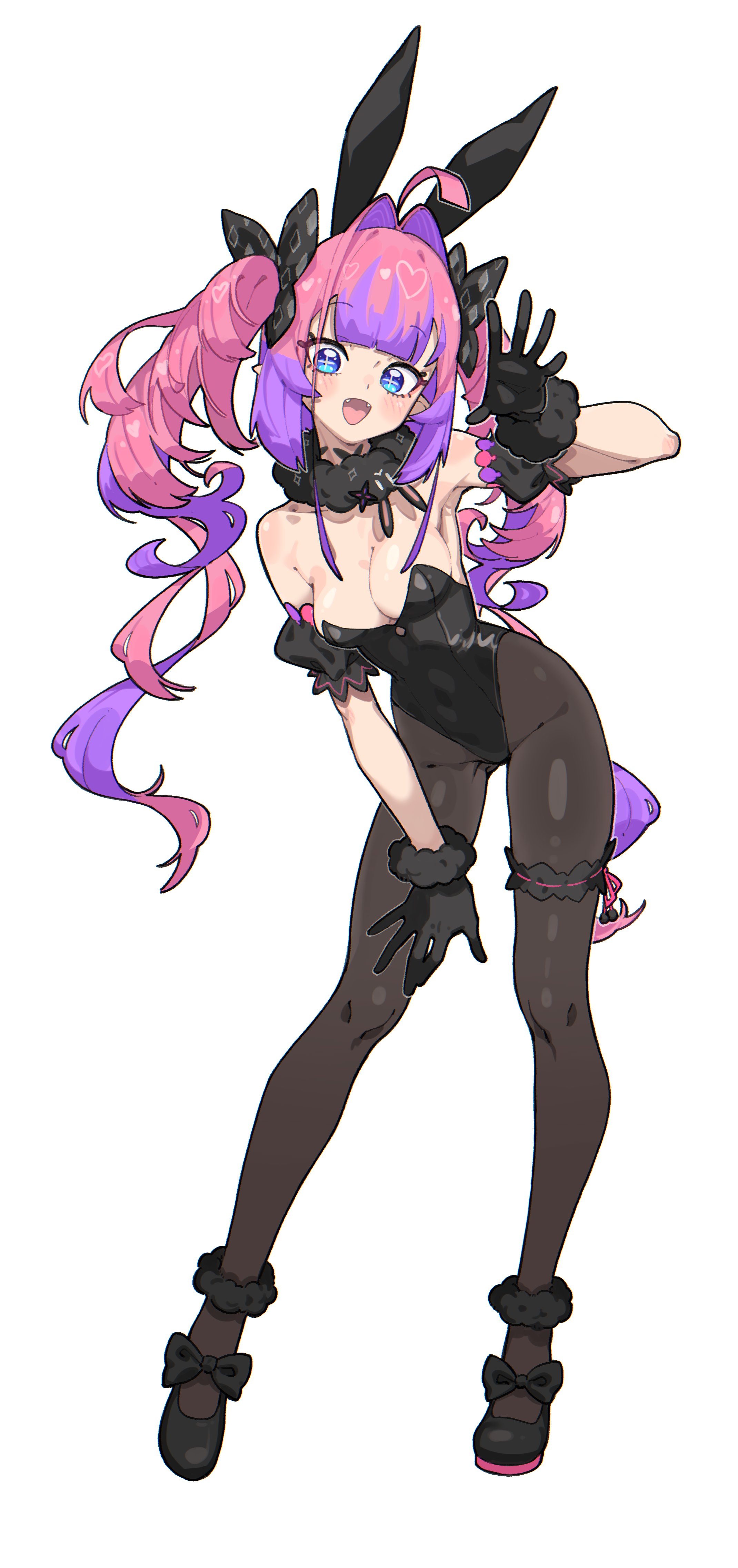 fugota6509, kikirara vivi, hololive, hololive dev is, absurdres, hashtag-only commentary, highres, revision, + +, 1girl, ahoge, animal ears, ankle cuffs, bare shoulders, black ankle cuffs, black bow, black collar, black gloves, black leotard, black pantyhose, black ribbon, black shoes, black sleeves, blue eyes, blush, bow, breasts, collar, collarbone, covered groin, covered navel, detached sleeves, diamond print, fangs, footwear bow, full body, fur choker, gloves, hair intakes, hair ribbon, heart, knees, leaning to the side, leotard, long hair, looking at viewer, multicolored hair, open mouth, pantyhose, pink hair, playboy bunny, pointy ears, purple hair, rabbit ears, ribbon, salute, shoes, short sleeves, simple background, smile, solo, strapless, strapless leotard, thigh strap, thighs, twintails, two-tone hair, virtual youtuber, white background