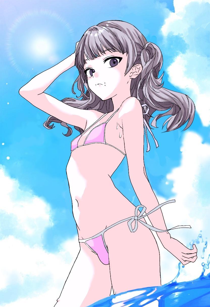 hidemaan2000, marina (fear & hunger), fear & hunger (series), fear & hunger 2: termina, commentary, highres, 1girl, alternate costume, bikini, blue sky, brown eyes, brown hair, bulge, closed mouth, cowboy shot, face piercing, flat chest, futanari, long hair, looking at viewer, mouth piercing, navel, piercing, pink bikini, side-tie bikini bottom, sky, solo, stomach, sun, swimsuit, wading, water