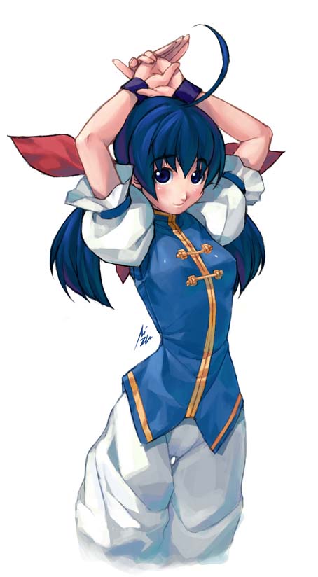 mizuki gyokuran, futaba hotaru, fatal fury, garou: mark of the wolves, snk, 1girl, ahoge, arms up, blue eyes, blue hair, female focus, matching hair/eyes, solo, twintails, wristband