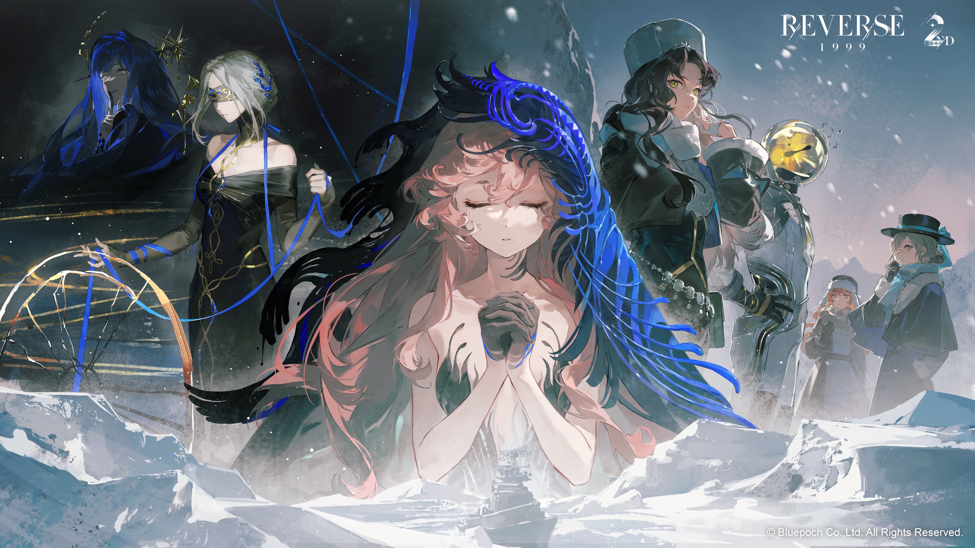 arcana (reverse:1999), moldir (reverse:1999), nautika (reverse:1999), sonetto (reverse:1999), ulrich (reverse:1999), urd (reverse:1999), vertin (reverse:1999), reverse:1999, absurdres, highres, official art, 1boy, 6+girls, bare arms, bare shoulders, black coat, black dress, black hair, black hands, black veil, blindfold, blue bow, blue hair, blue ribbon, blue scarf, blue sky, blue veil, boater hat, bow, brown coat, brown jacket, closed eyes, coat, colored blindfold, colored extremities, copyright name, copyright notice, covered eyes, dress, facing viewer, ferrofluid, finger to mouth, fishbowl helmet, fur hat, green eyes, grey hair, hair bun, hand up, hat, hat bow, holding, holding ribbon, index finger raised, interlocked fingers, jacket, jumpsuit, logo, long hair, long sleeves, mountain, multiple girls, object head, off-shoulder dress, off shoulder, official alternate costume, own hands together, papakha, plunging neckline, ribbon, scarf, ship, short hair, single side bun, sky, snow, snowing, spinning wheel, strapless, strapless dress, two-tone veil, upper body, ushanka, veil, wand in head, watercraft, white hat, white jumpsuit, yellow eyes