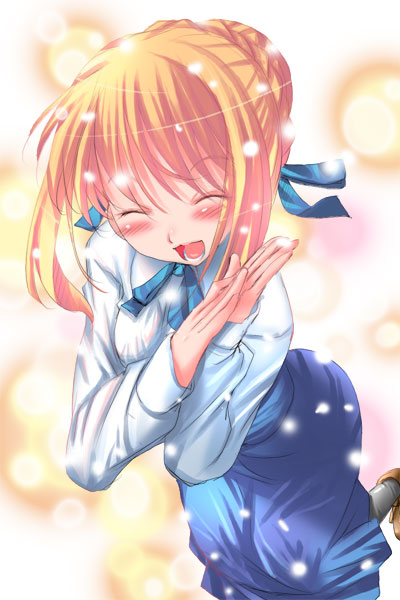 artoria pendragon (fate), saber (fate), fate/stay night, fate (series), 00s, blonde hair, blouse, blush, closed eyes, happy, shirt