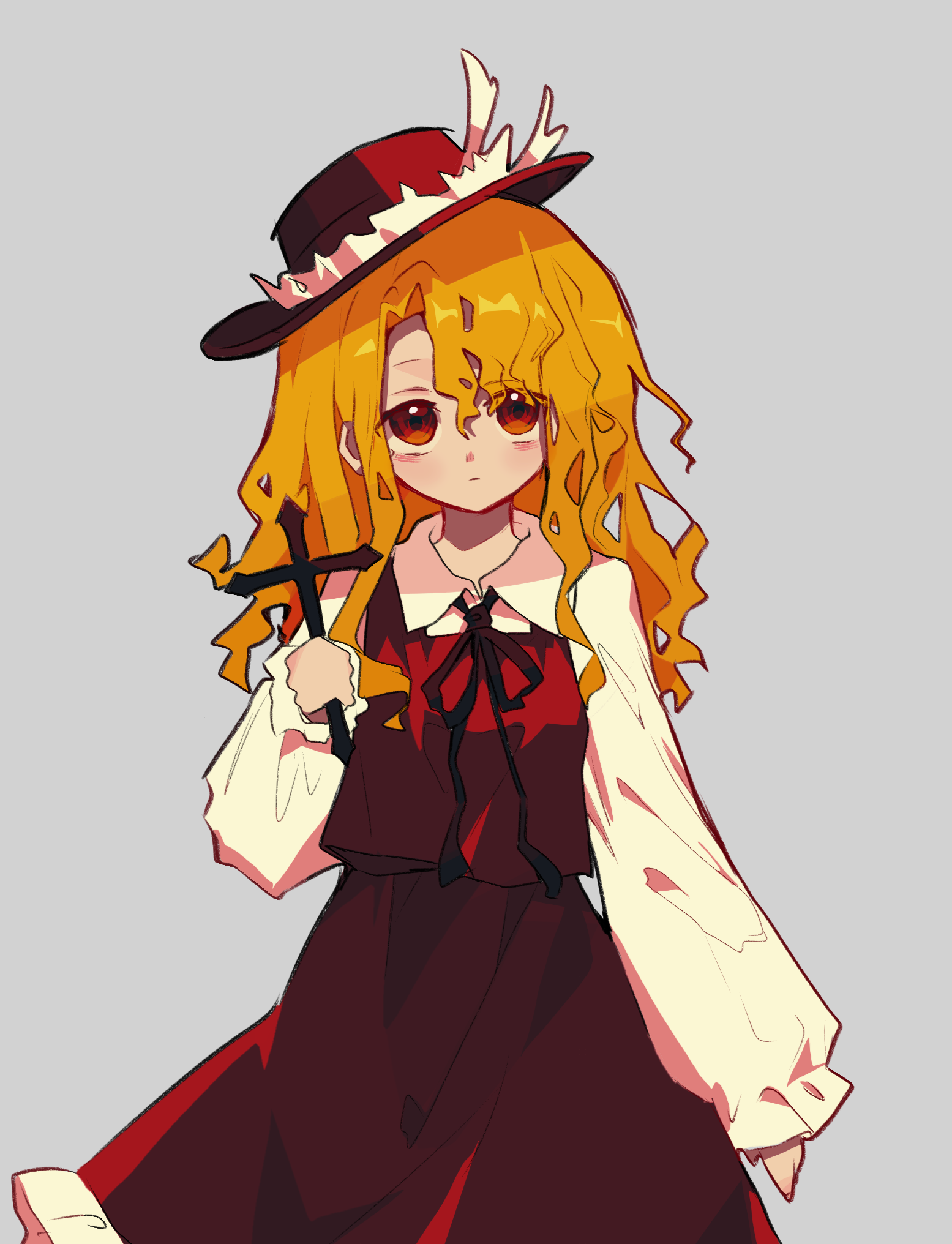 jacket girl (dipp), dolls in pseudo paradise, touhou, chinese commentary, commentary request, highres, 1girl, arm at side, blonde hair, brown eyes, brown hat, brown skirt, brown vest, closed mouth, cowboy shot, cross, foerin, grey background, hair between eyes, hat, holding, holding cross, latin cross, long sleeves, looking at viewer, medium hair, shirt, simple background, skirt, skirt set, solo, standing, vest, white shirt