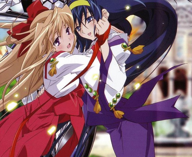 fujii maki, himemiya chikane, kurusugawa himeko, kannazuki no miko, light brown hair, official art, 00s, 2girls, :d, blue eyes, blue hair, blush, bow, couple, hair ribbon, hairband, hakama, hakama skirt, half updo, happy, holding hands, hug, japanese clothes, long hair, looking at another, looking at viewer, miko, multiple girls, open mouth, purple eyes, purple hakama, red bow, red hakama, red ribbon, ribbon, skirt, smile, very long hair, yellow hairband, yuri