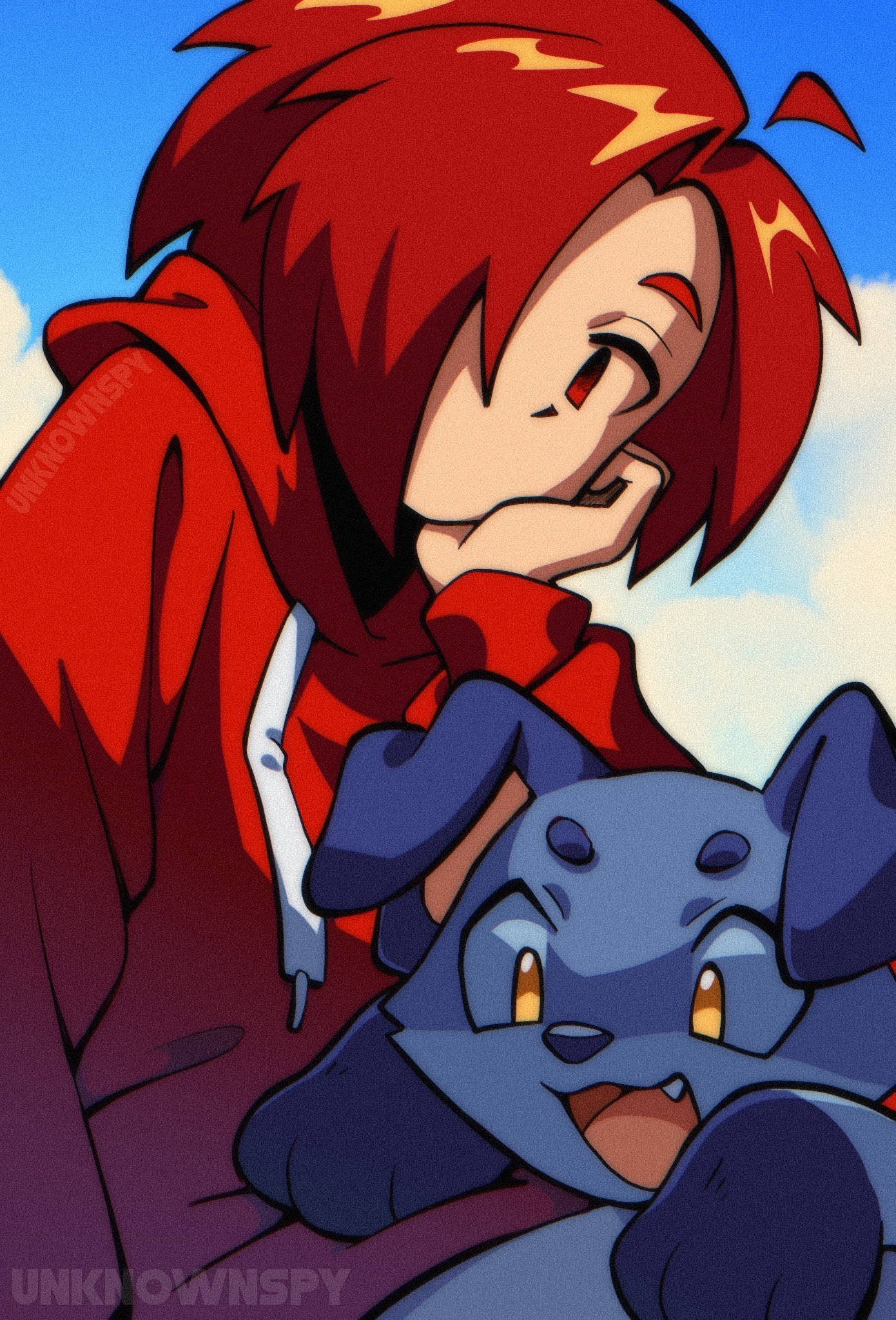 unknownspy, original, art fight attack, highres, ahoge, dog, fang, gift art, hair over one eye, hood, hoodie, no mouth, red eyes, red hair, red hoodie