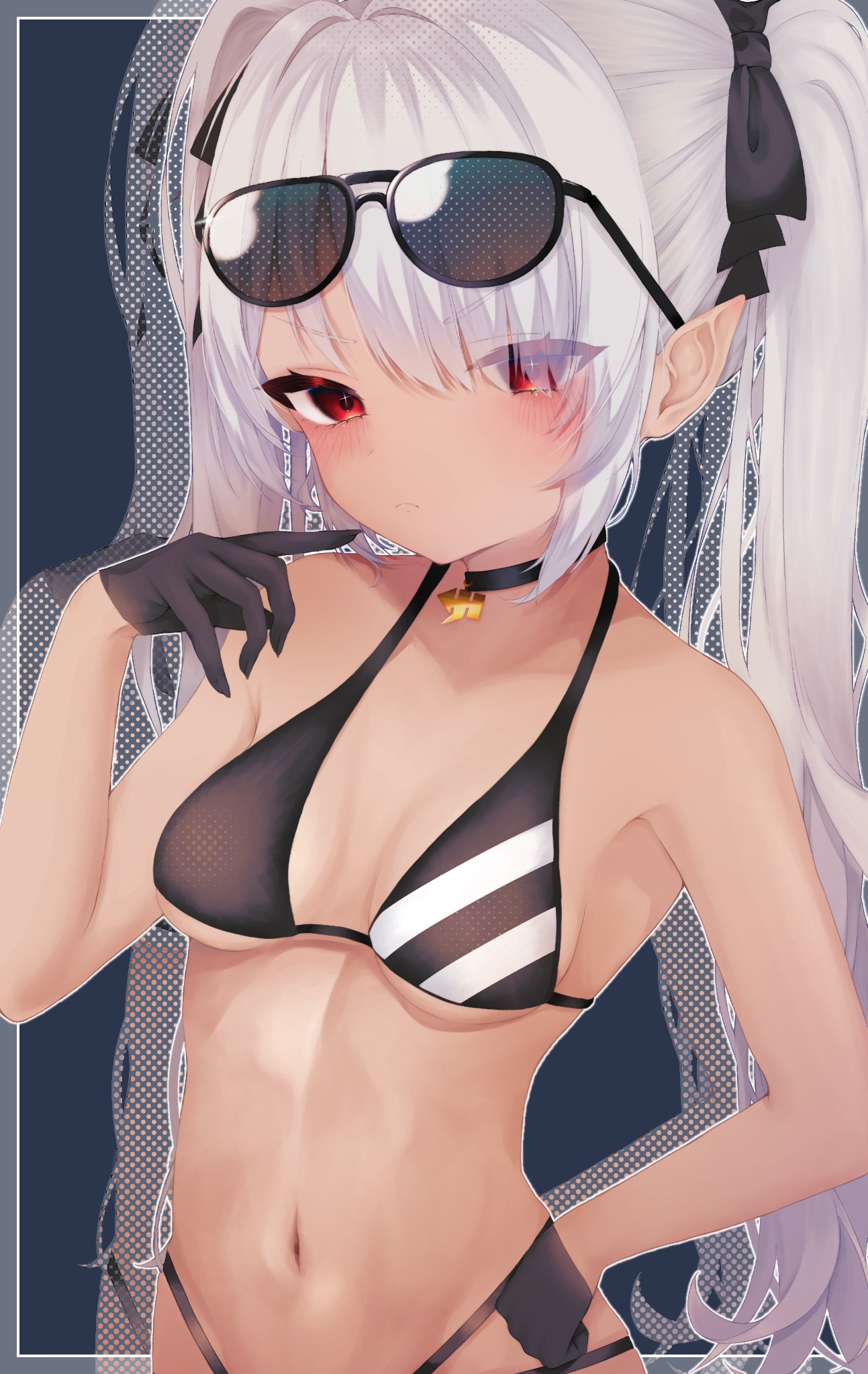 ningoro r, iori (blue archive), iori (swimsuit) (blue archive), blue archive, commentary, highres, >:(, 1girl, bare arms, bikini, black background, black bikini, black bow, black choker, black gloves, blush, bow, breasts, breasts apart, choker, closed mouth, collarbone, dark-skinned female, dark skin, drop shadow, eyelashes, eyes visible through hair, eyewear on head, frown, gloves, grey hair, hair bow, hair intakes, hair over one eye, half gloves, hand on own hip, hand up, long bangs, long hair, looking at viewer, medium breasts, multi-strapped bikini bottom, navel, official alternate costume, outside border, pointy ears, red eyes, simple background, solo, stomach, sunglasses, swimsuit, tsurime, twintails, upper body, v-shaped eyebrows, very long hair