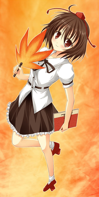 shameimaru aya, touhou, 1girl, black hair, female focus, geta, hand fan, hat, looking at viewer, notebook, red eyes, short hair, solo, tengu-geta