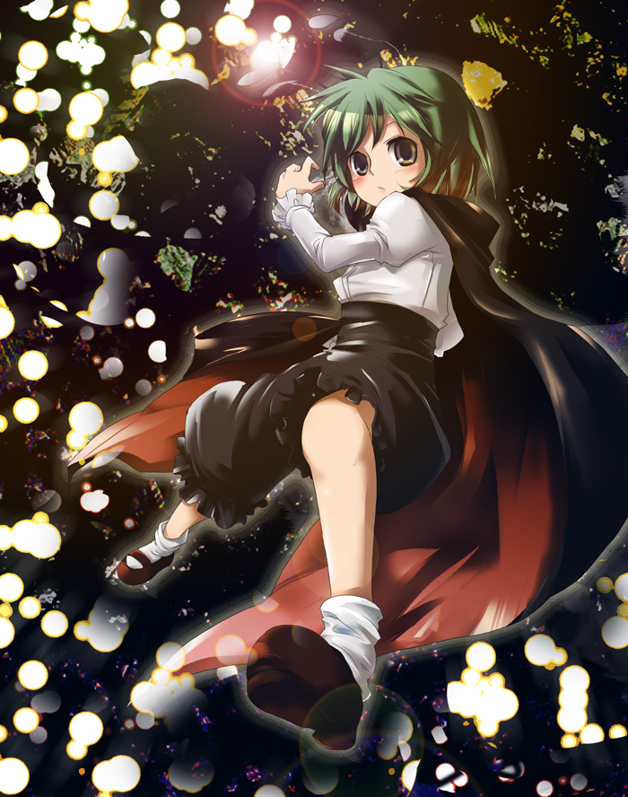 wriggle nightbug, touhou, 1girl, antennae, arthropod girl, blouse, bug, cape, female focus, fireflies, firefly, green hair, insect, shirt, short hair, simple background, solo, thighhighs, white shirt, white thighhighs
