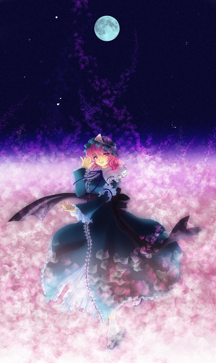 saigyouji yuyuko, touhou, highres, 1girl, dress, female focus, gradient background, hat, japanese clothes, kimono, moon, nature, outdoors, petals, pink hair, plant, purple eyes, short hair, sky, solo
