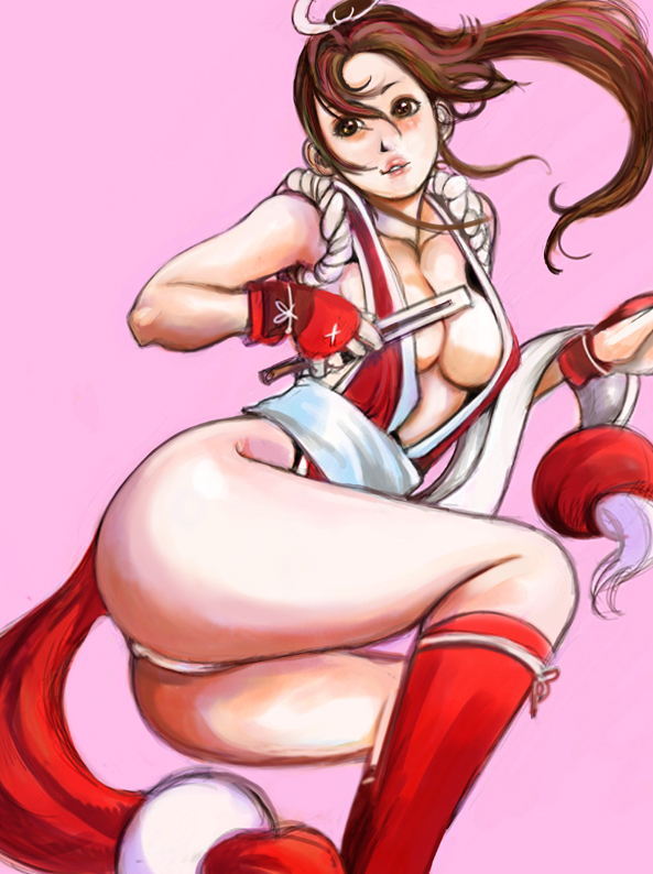 kazaana, shiranui mai, fatal fury, snk, the king of fighters, 1girl, ass, breasts, brown eyes, brown hair, female focus, folding fan, hand fan, long hair, ponytail, revealing clothes, solo