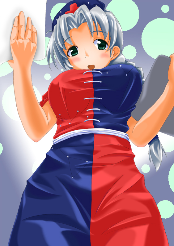 yagokoro eirin, touhou, silver hair, bad id, bad pixiv id, 1girl, :>, :d, blush, braid, breasts, female focus, from below, green eyes, hat, huge breasts, long hair, looking at viewer, looking down, nurse cap, open mouth, parted bangs, ribbon, shirt, single braid, skirt, skirt set, smile, solo, standing, taut clothes, taut shirt