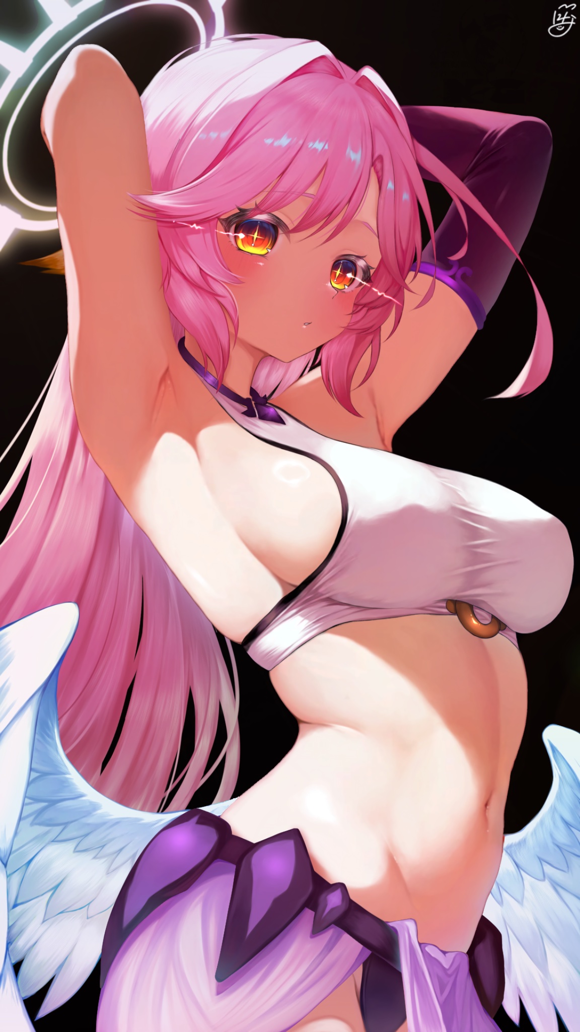 ningoro r, jibril (no game no life), no game no life, commentary request, highres, + +, 1girl, angel wings, armpits, arms behind head, black background, black gloves, blush, breasts, cowboy shot, elbow gloves, eyelashes, feathered wings, gloves, glowing, glowing eyes, hair between eyes, hair intakes, halo, large breasts, long hair, looking at viewer, low wings, multicolored eyes, navel, orange eyes, parted lips, pink hair, purple skirt, sideboob, sidelighting, sidelocks, signature, simple background, single glove, skindentation, skirt, solo, stomach, tareme, two-tone eyes, very long hair, white halo, white wings, wings, yellow eyes