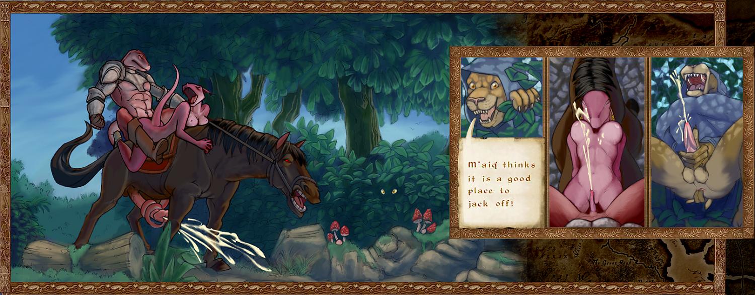 the elder scrolls, the elder scrolls iv: oblivion, long image, wide image, anus, bestiality, breasts, cum, furry, hooves, horse, m'aiq the liar, masturbation, penis, pussy, scaly, sex
