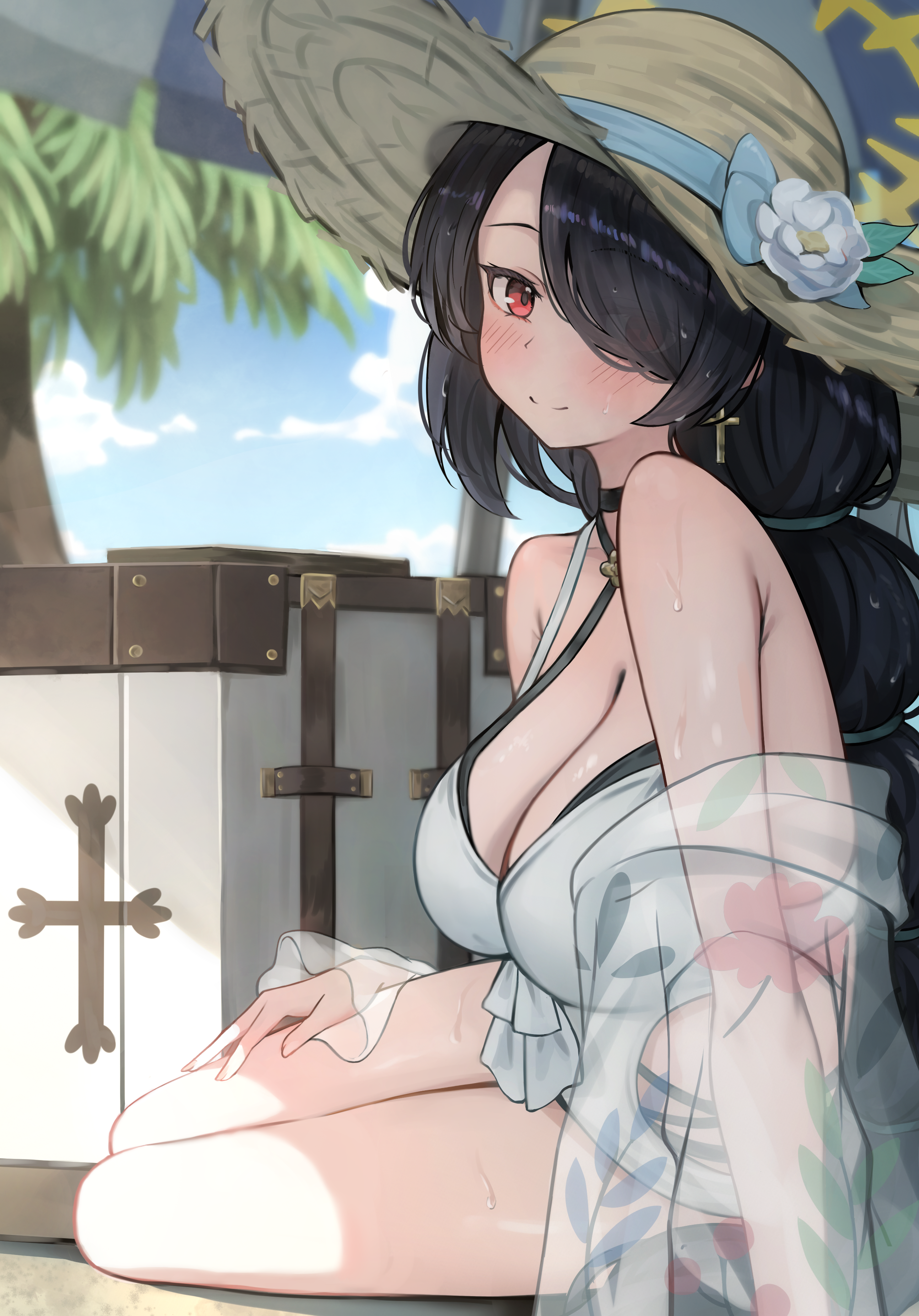 bekkuro, hinata (blue archive), hinata (swimsuit) (blue archive), blue archive, absurdres, commentary request, highres, korean commentary, partial commentary, 1girl, bare shoulders, beach, black hair, blue ribbon, blue sky, blush, braid, braided ponytail, breasts, casual one-piece swimsuit, cleavage, closed mouth, criss-cross strings, cross, cross earrings, day, earrings, flower, from side, hair between eyes, hair over one eye, halo, hand on own thigh, hat, hat flower, hat ribbon, jewelry, large breasts, layered swimsuit, long hair, long sleeves, looking at viewer, official alternate costume, on ground, one-piece swimsuit, outdoors, palm tree, red eyes, ribbon, see-through clothes, sitting, sky, smile, solo, straw hat, suitcase, sun hat, sunlight, swimsuit, swimsuit cover-up, thighs, tree, umbrella, under umbrella, very long hair, wet, white flower, white one-piece swimsuit, yellow halo