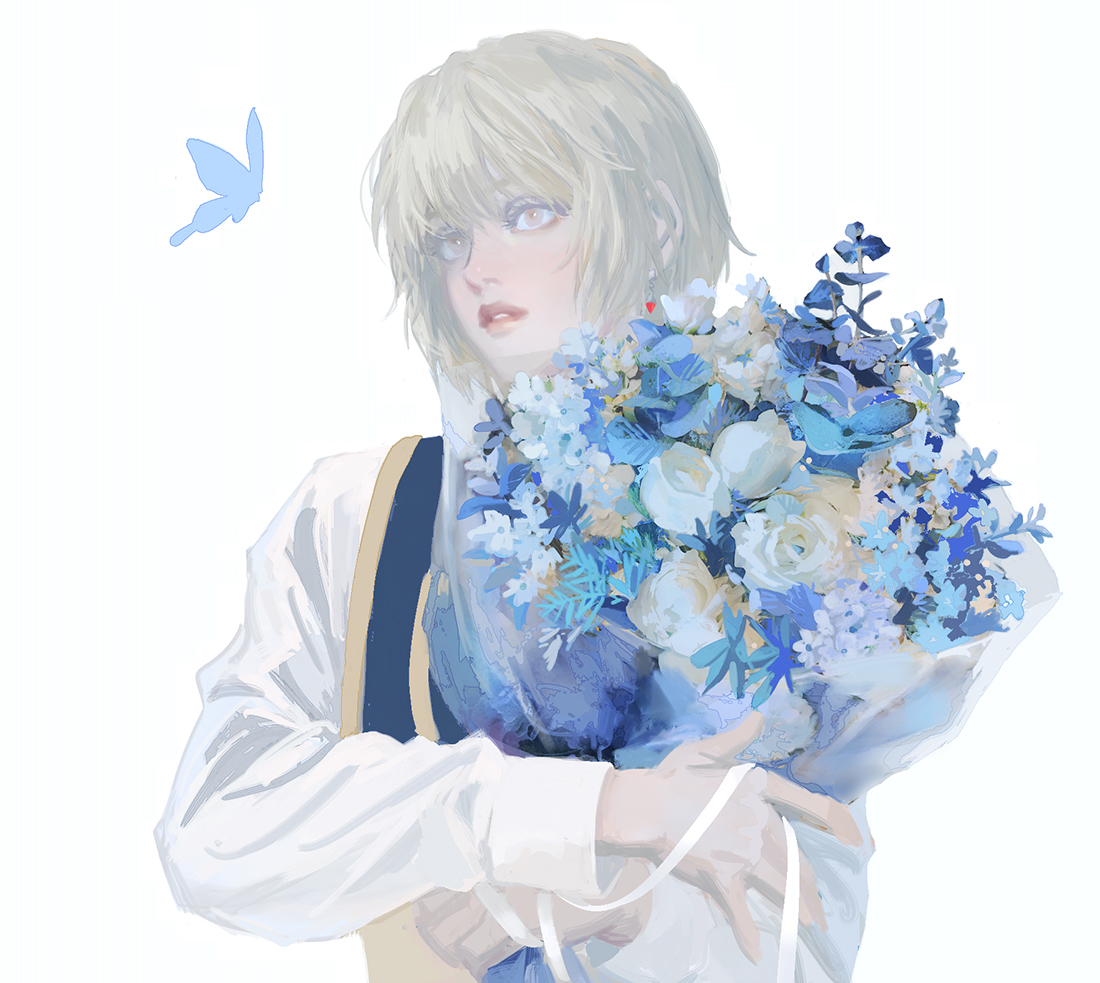 huangdanlan, kurapika, hunter x hunter, check flower, commentary, flower request, 1boy, blonde hair, blue butterfly, blue flower, bug, butterfly, flower, insect, looking ahead, male focus, parted lips, rose, short hair, simple background, solo, tulip, white background, white flower, white rose, white tulip