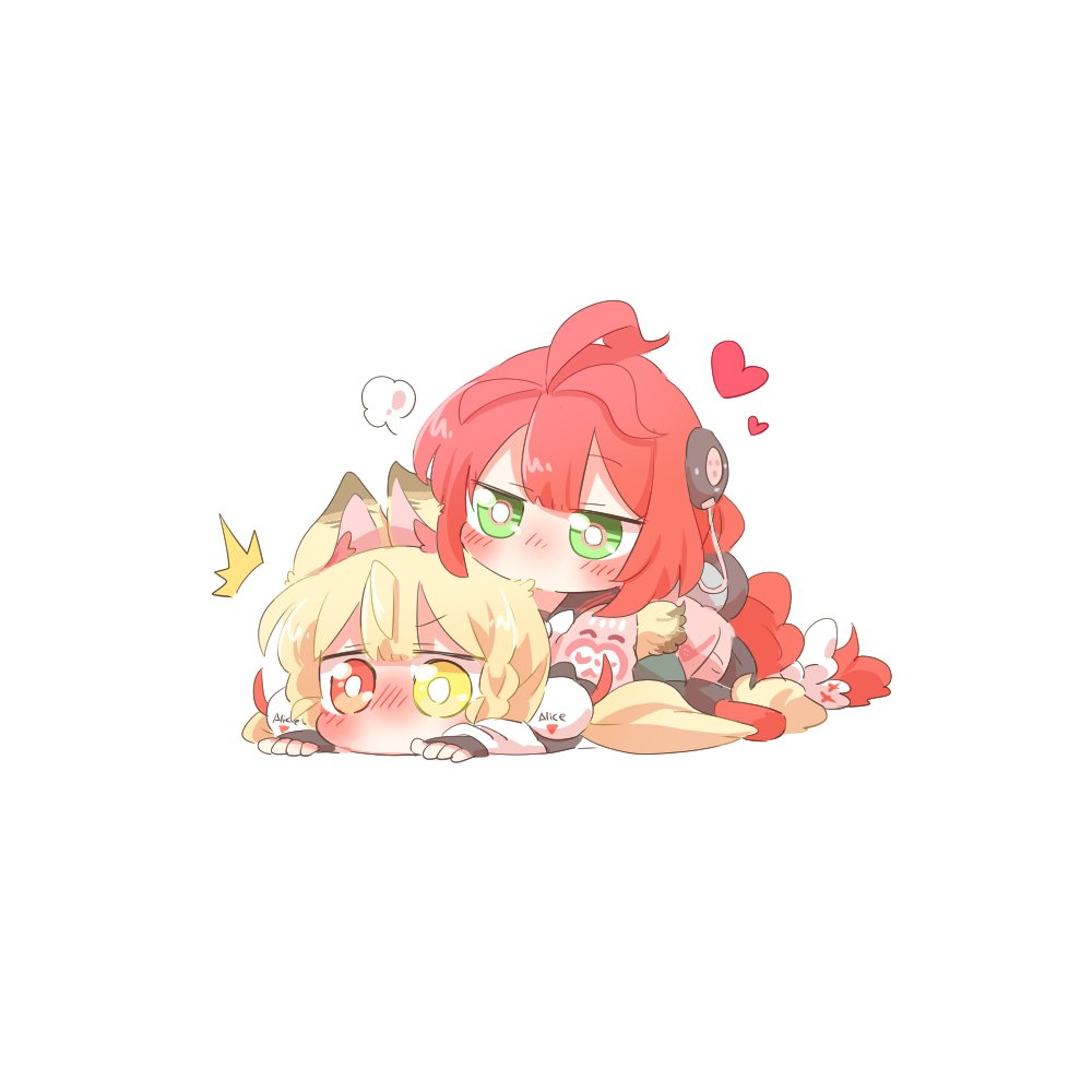 rebecca (keinelove), alice thymefield, ukinami yuzuha, zenless zone zero, commentary request, 2girls, ^^^, ahoge, animal ears, black gloves, blonde hair, blush, bright pupils, chibi, chibi only, fingerless gloves, full body, gloves, green eyes, heart, heterochromia, long hair, long sleeves, lying, multiple girls, no mouth, nose blush, on stomach, pink sweater, puff of air, rabbit ears, red eyes, red hair, shirt, simple background, sweater, white background, white pupils, white shirt, yellow eyes