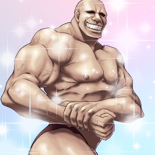 mitake eil, adon (cho aniki), cho aniki, bad id, lowres, 1boy, bald, biceps, brown male swimwear, brown swim briefs, flexing, grin, male focus, male swimwear, manly, muscular, side chest pose, smile, solo, sparkle, swim briefs, swimsuit, topless male, what