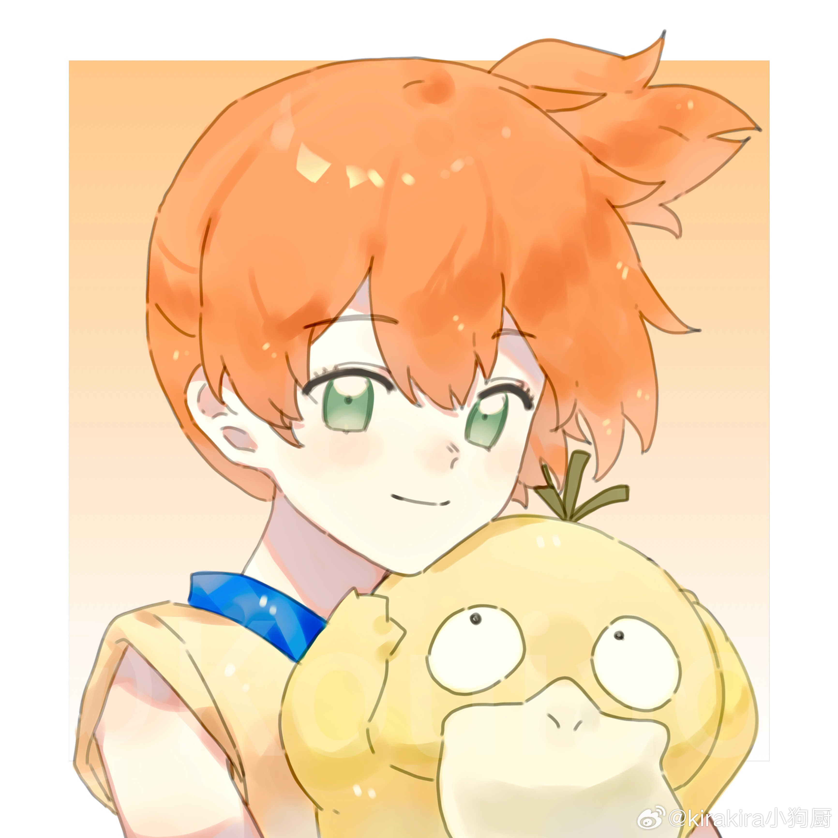 misty (pokemon), psyduck, nintendo, pokemon, pokemon (anime), pokemon (classic anime), 1girl, blush, closed mouth, eyelashes, gen 1 pokemon, green eyes, holding, holding pokemon, looking at viewer, orange hair, pokemon (creature), shirt, short hair, short sleeves, side ponytail, smile, upper body, yellow shirt