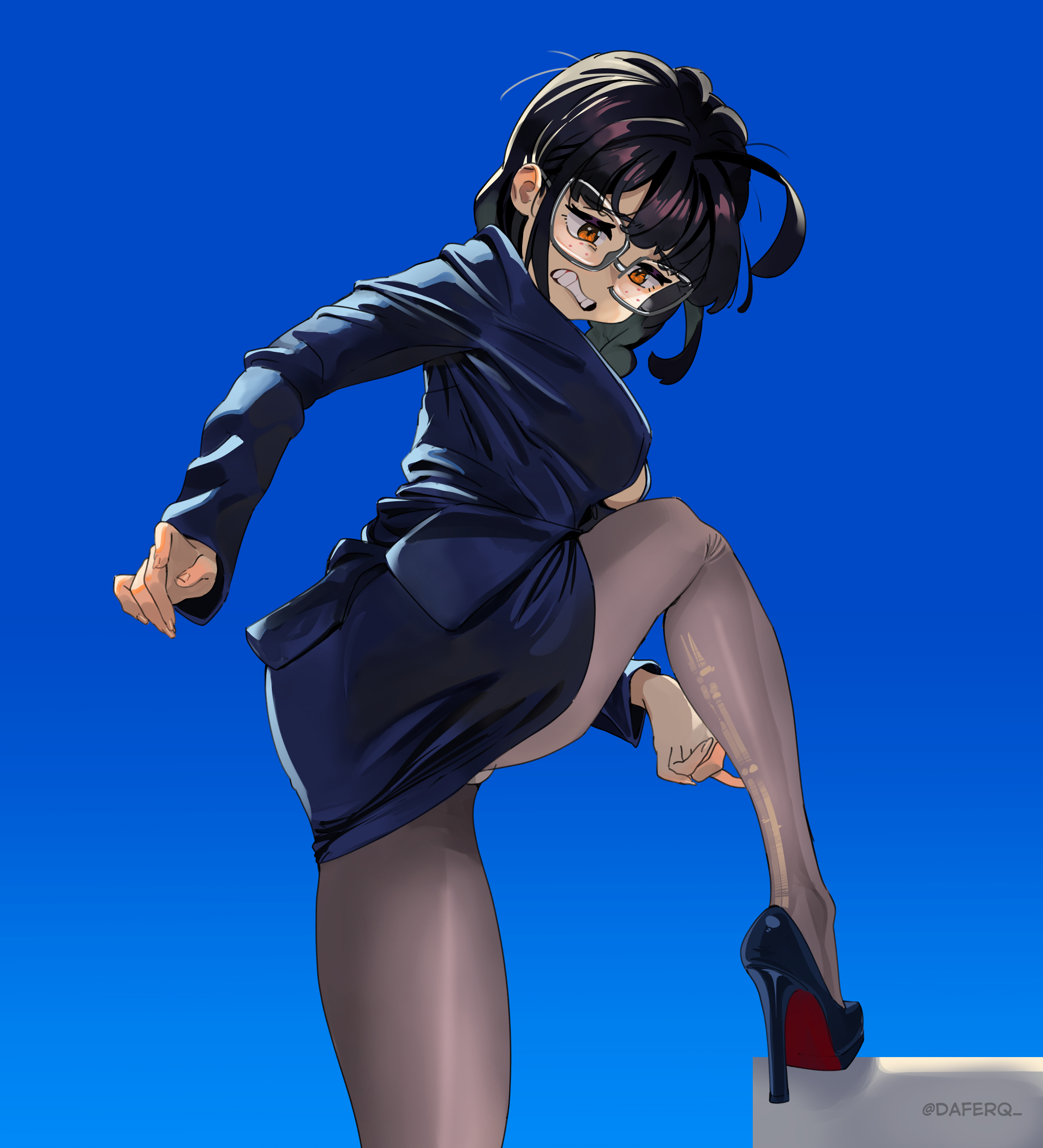 daferq, original, absurdres, highres, 1girl, ahoge, artist name, black hair, black pantyhose, black shoes, blue background, blue jacket, blue skirt, breasts, brown eyes, clenched teeth, freckles, glasses, high heels, jacket, medium hair, office lady, pantyhose, pencil skirt, shoes, simple background, skirt, solo, teeth, torn clothes, torn pantyhose, twitter username