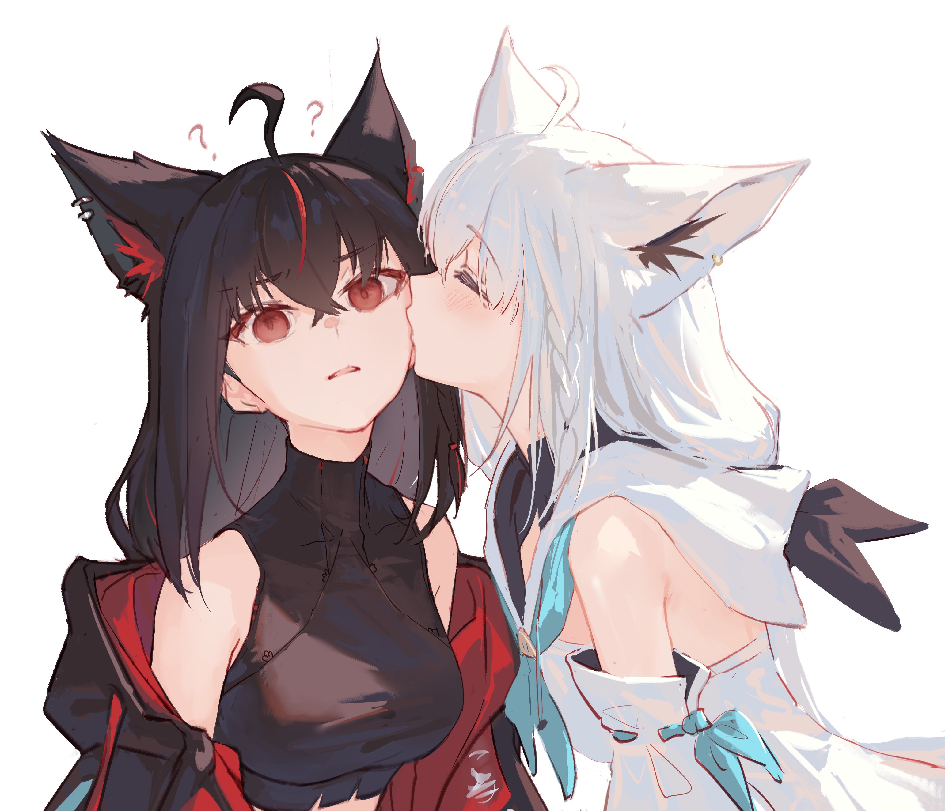 hyde (tabakko), kurokami fubuki, shirakami fubuki, shirakami fubuki (1st costume), hololive, absurdres, highres, photo-referenced, 2girls, ?, ahoge, animal ear fluff, animal ears, black hair, black jacket, black shirt, black vs white, blue neckerchief, braid, cat, closed eyes, cropped shirt, fox ears, fox girl, fox tail, from side, hair between eyes, jacket, kiss, long hair, multiple girls, neckerchief, off shoulder, parted lips, profile, red eyes, red streaks, shirt, simple background, single braid, sleeveless, sleeveless shirt, tail, two-sided fabric, two-sided jacket, virtual youtuber, white background, white hair, yuri