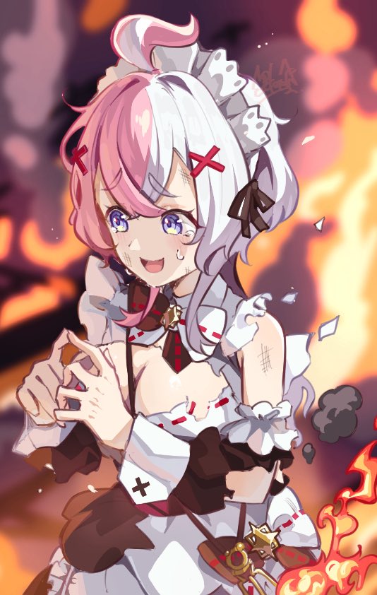 kuronyan9630, monster strike, 1girl, ahoge, bare shoulders, blue eyes, blush, breasts, eris (monster strike), huge breasts, maid, multicolored hair, pink hair, raised inner eyebrows, ribbon, solo, tearing up, torn clothes, two-tone hair, white hair