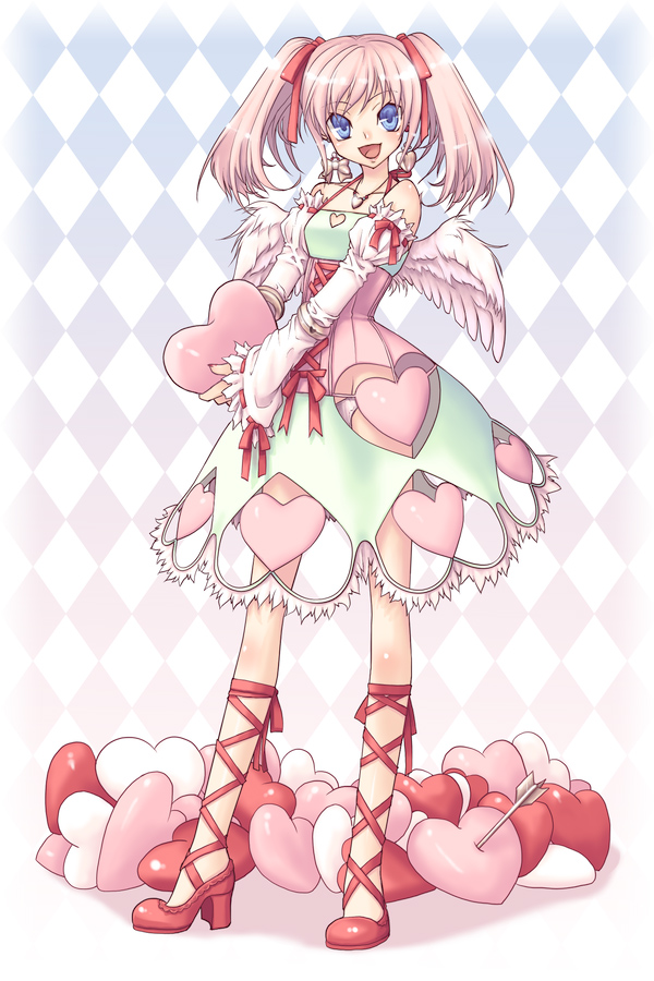 mitake eil, 1girl, :d, angel wings, ankle lace-up, arrow (projectile), bare shoulders, blue eyes, clothing cutout, dress, earrings, female focus, heart, heart cutout, high heels, jewelry, long legs, looking at viewer, necklace, open mouth, panties, pink hair, ribbon, shoes, smile, solo, too many, twintails, underwear, wings