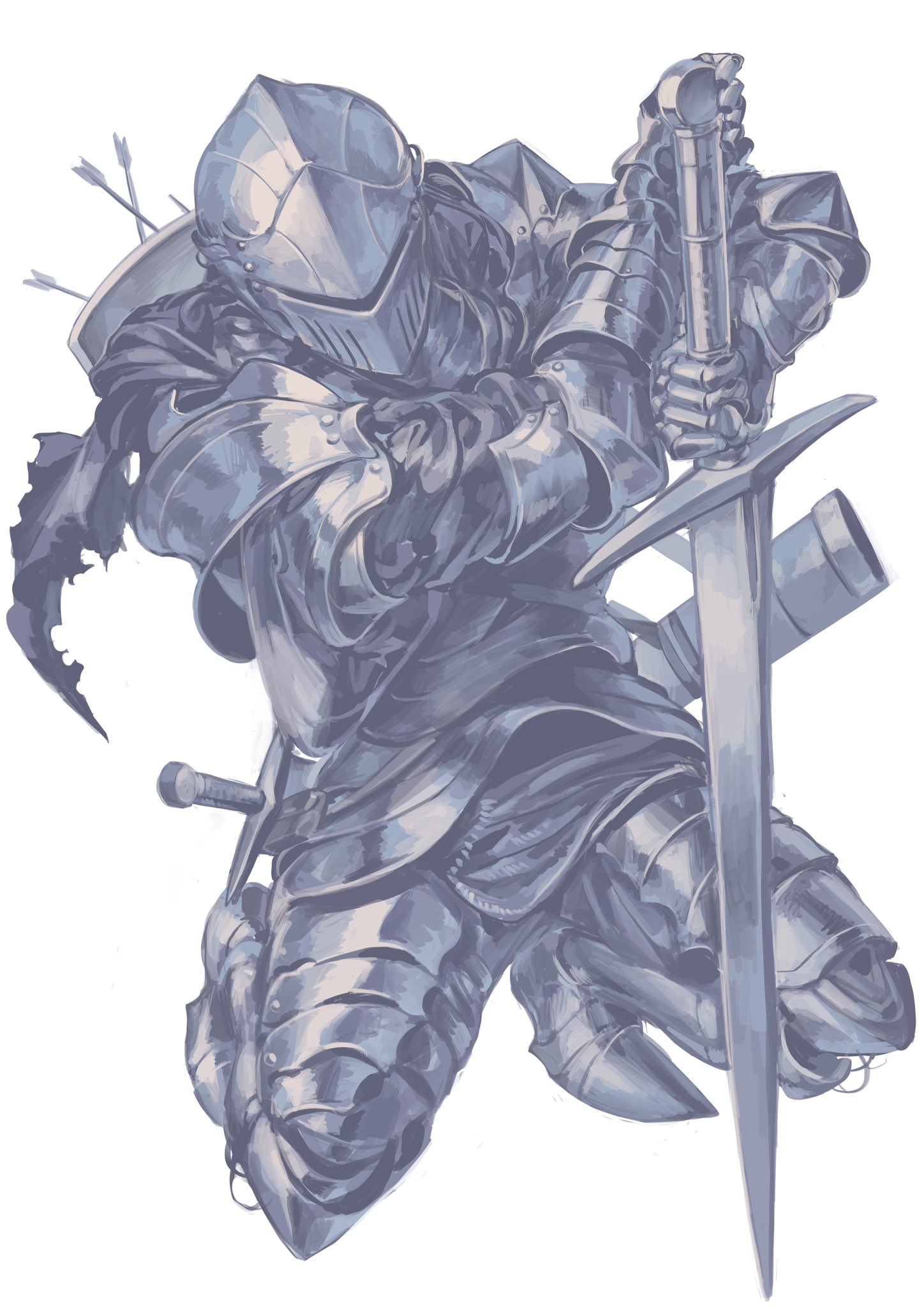nameno92372763, original, highres, 1other, armor, arrow (projectile), full armor, full body, gauntlets, helmet, holding, holding sword, holding weapon, kneeling, knight, plate armor, scabbard, sheath, shield, shield on back, shoulder pads, simple background, solo, sword, weapon, white background