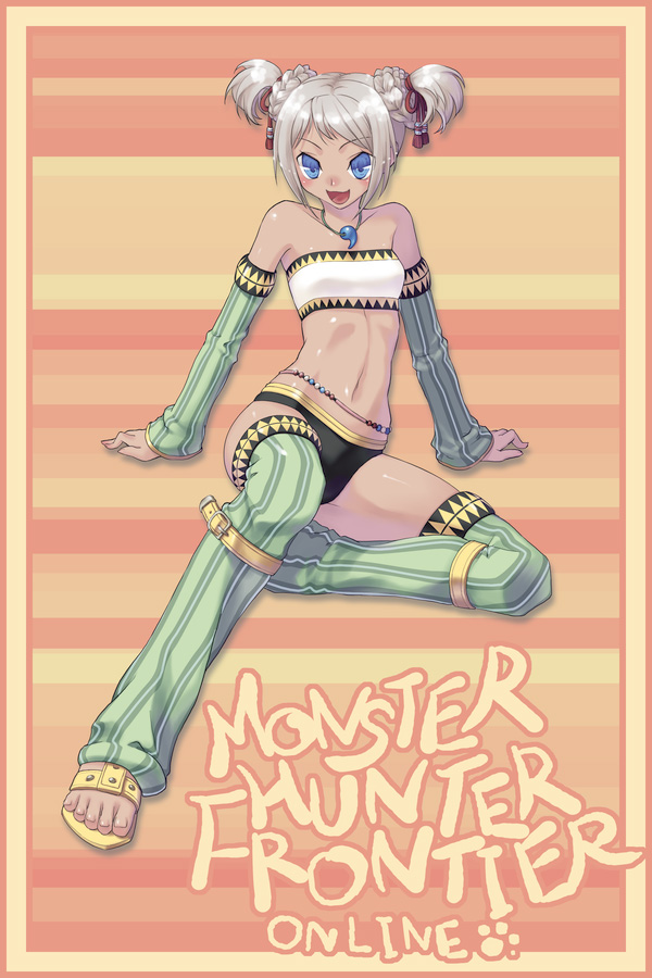 mitake eil, capcom, monster hunter (series), monster hunter frontier, silver hair, character request, 1girl, bandeau bikini, blue eyes, braid, dark-skinned female, dark skin, female focus, jewelry, midriff, navel, necklace, sandals, solo, twin braids