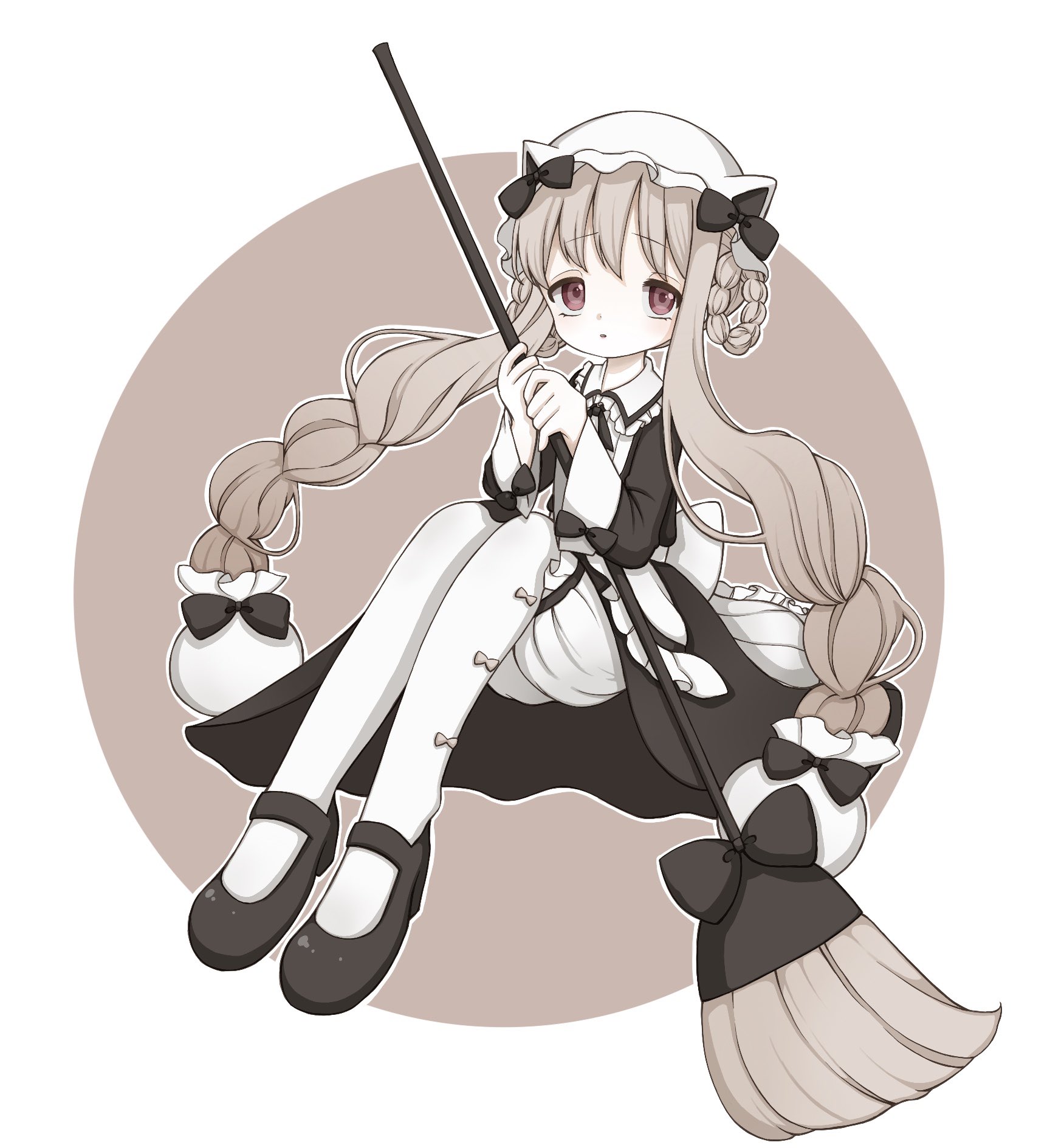 qoo 1025, nokko-chan, mahou shoujo ikusei keikaku, mahou shoujo ikusei keikaku restart, highres, 1girl, animal ears, black bow, black bowtie, bloomers, bow, bowtie, braid, broom, fake animal ears, grey hair, hair ornament, magical girl, maid, pantyhose, red eyes, twin braids, underwear, white pantyhose