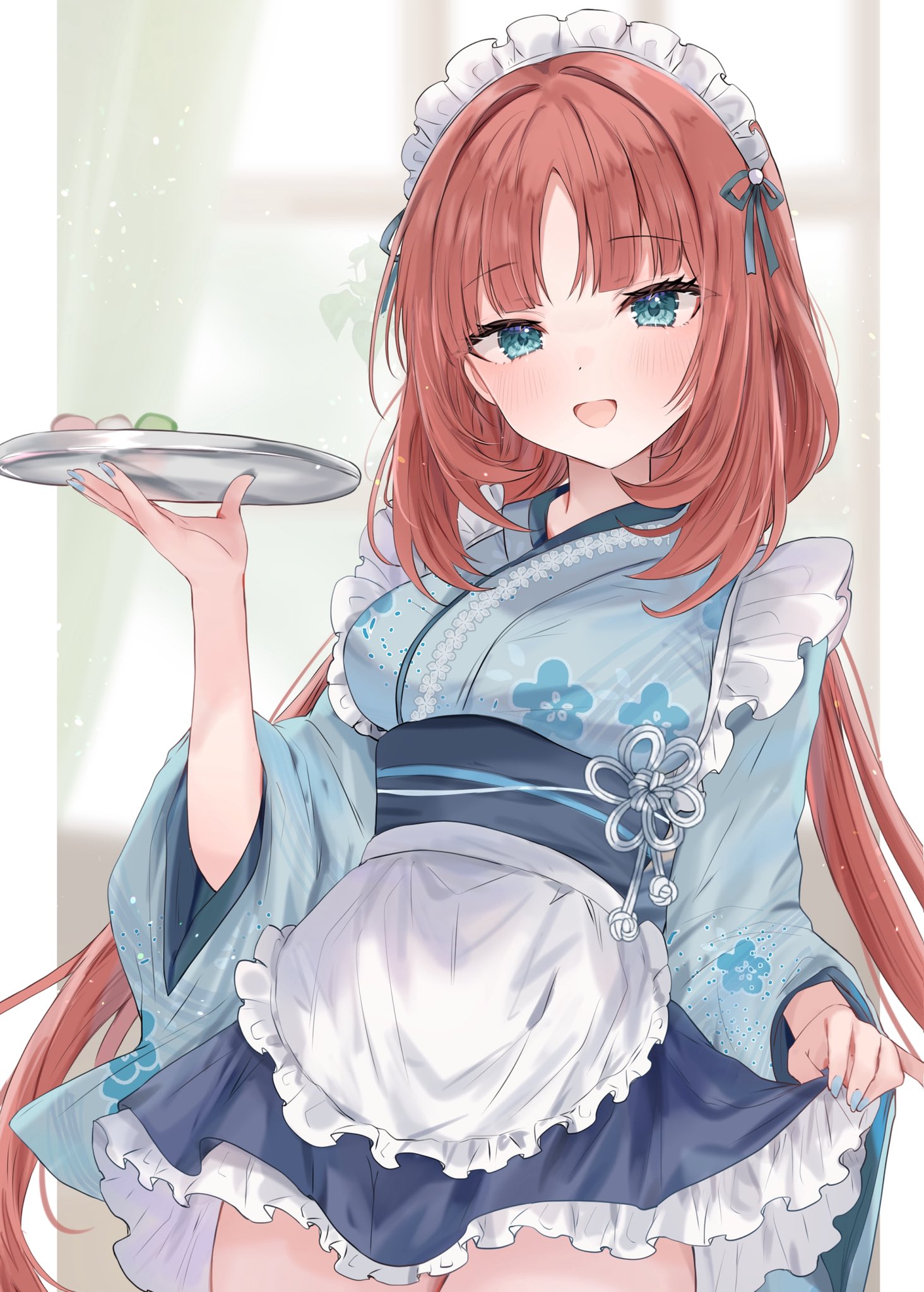 maruro, nilou (genshin impact), genshin impact, commentary request, highres, 1girl, :d, alternate costume, apron, blue eyes, blue kimono, blue nails, blush, breasts, enmaided, fingernails, floral print, floral print kimono, frilled apron, frilled hairband, frills, hairband, hand up, holding, holding tray, japanese clothes, kimono, long hair, looking at viewer, maid, maid headdress, nail polish, open mouth, parted bangs, print kimono, red hair, smile, solo, tray, very long hair, waist apron, white apron, white hairband