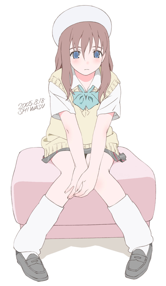 shiwasu takashi, original, bad id, bad pixiv id, aqua bow, aqua bowtie, blouse, blue eyes, bow, bowtie, brown hair, dated, full body, hair between eyes, hat, kneehighs, knees together feet apart, loose socks, miniskirt, own hands together, school uniform, serafuku, shirt, simple background, sitting, skirt, socks, solo, white background, white hat, white shirt, white socks
