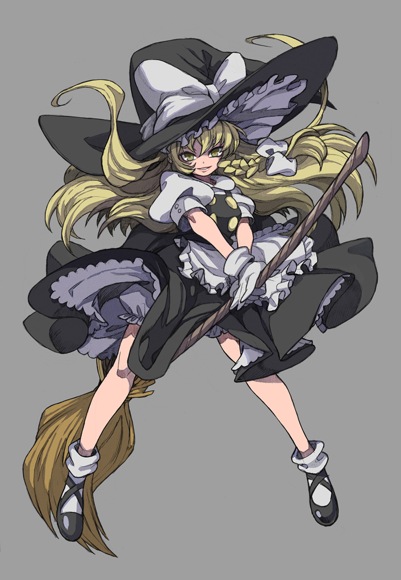 kimimaru, kirisame marisa, touhou, bad id, bad pixiv id, 1girl, blonde hair, bloomers, bobby socks, braid, broom, broom riding, female focus, gloves, hat, long hair, simple background, single braid, socks, solo, underwear, white gloves, wind, wind lift, witch, witch hat, yellow eyes