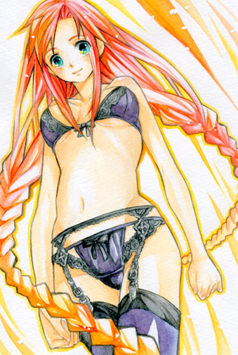 k ototo, bad id, bad pixiv id, traditional media, 1girl, bare shoulders, blue eyes, blush, bra, braid, breasts, female focus, garter belt, large breasts, lingerie, long hair, looking at viewer, panties, pink hair, smile, solo, thighhighs, twin braids, underwear, underwear only