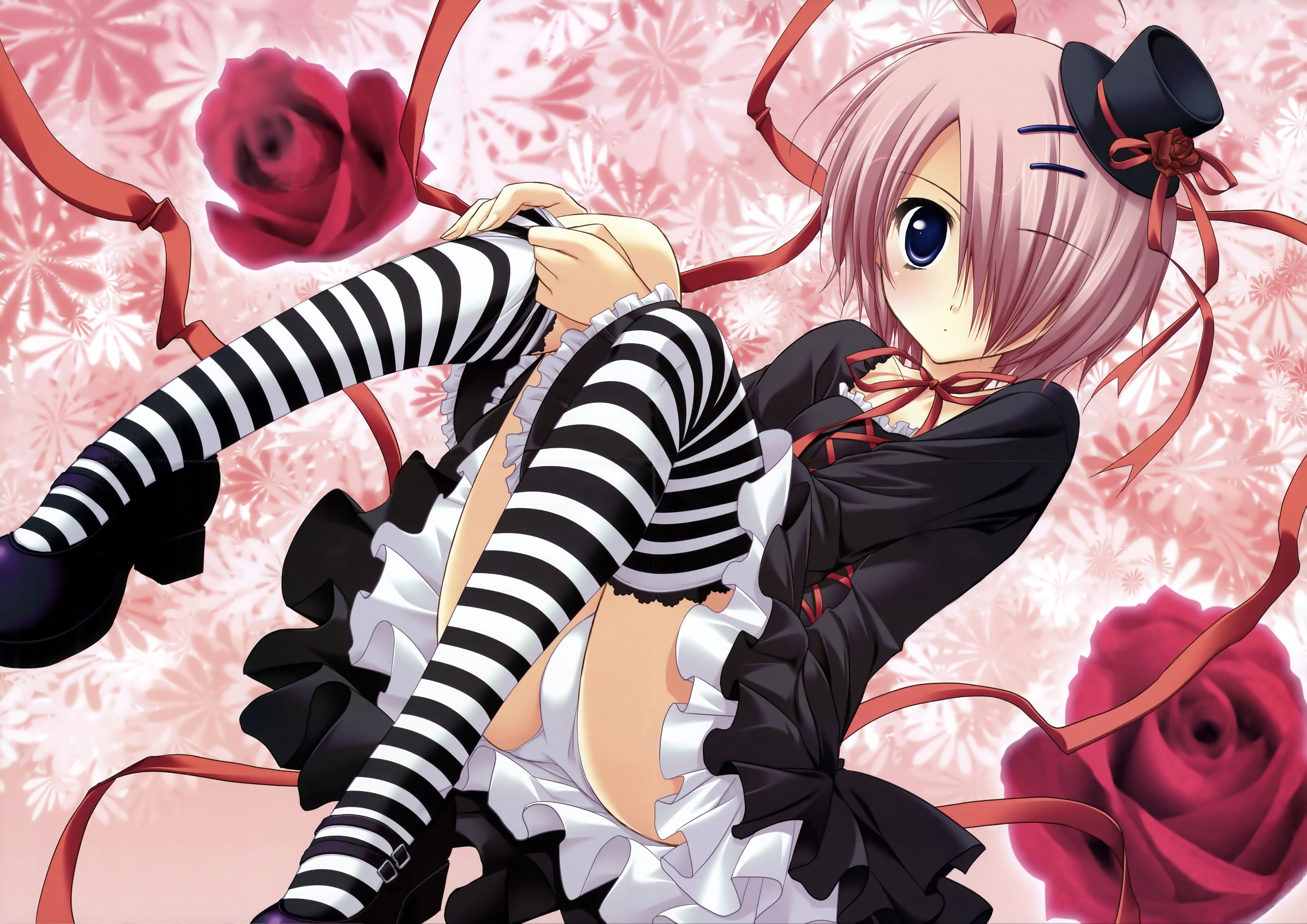 ryouka (suzuya), shiraishi nagomi, akane-iro ni somaru saka, absurdres, highres, 1girl, blue eyes, female focus, goth fashion, gothic lolita, hat, lolita fashion, mary janes, panties, pantyshot, purple hair, shoes, solo, striped clothes, striped thighhighs, thighhighs, underwear, white panties
