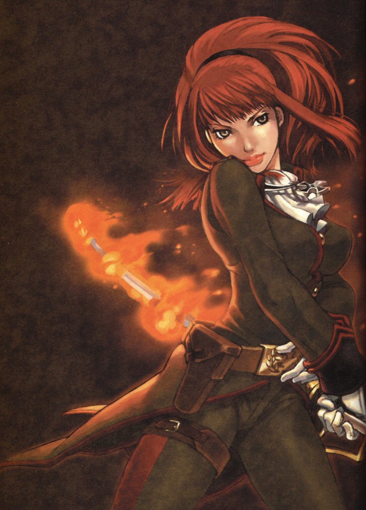katou miyako, karin koenig, shadow hearts, shadow hearts ii, uniform, official art, scan, 1girl, alternate costume, ascot, belt, belt skirt, breasts, buckle, buttons, cowboy shot, cross, female focus, fighting stance, finger gun, fire, flaming sword, flaming weapon, gloves, grey eyes, high ponytail, holding, holding weapon, holster, iron cross, jewelry, large breasts, legs apart, lips, lipstick, long sleeves, makeup, necklace, pants, ponytail, red hair, sidelocks, sleeve cuffs, solo, sword, thigh strap, weapon, white gloves