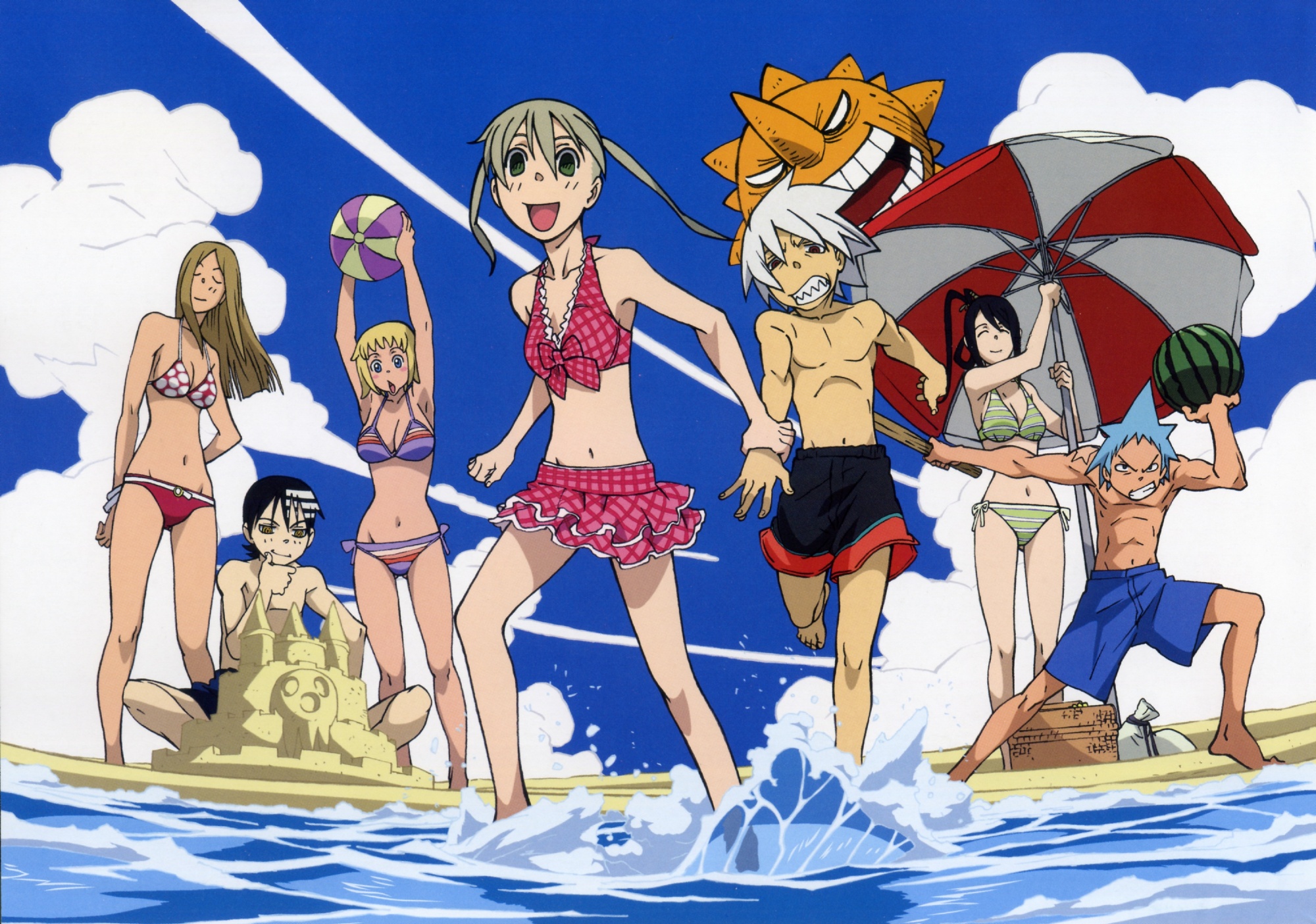 black star, death the kid, elizabeth thompson, maka albarn, nakatsukasa tsubaki, patricia thompson, soul evans, soul eater, artist request, highres, 00s, 3boys, 4girls, barefoot, biceps, bikini, black male swimwear, black swim trunks, blue male swimwear, blue swim trunks, building sand sculpture, day, feet, frilled bikini, frills, male swimwear, multiple boys, multiple girls, parted bangs, ponytail, red bikini, sand sculpture, siblings, sisters, striped bikini, striped clothes, swim trunks, swimsuit, twintails