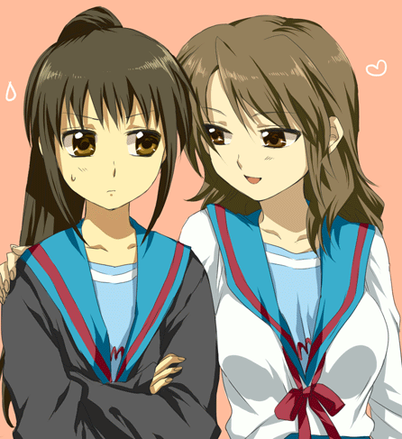 kayou (kayou-bi), koizumi itsuki, koizumi itsuki (female), kyon, kyonko, suzumiya haruhi no yuuutsu, bad id, bad pixiv id, lowres, 00s, 2girls, brown hair, cardigan, genderswap, genderswap (mtf), multiple girls, ponytail, school uniform, serafuku