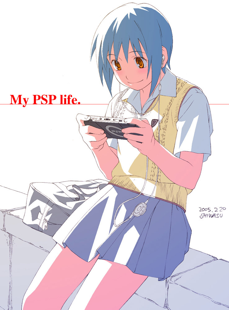 shiwasu takashi, bad id, bad pixiv id, 1girl, blue hair, female focus, handheld game console, playing games, playstation portable, school uniform, serafuku, solo, video game