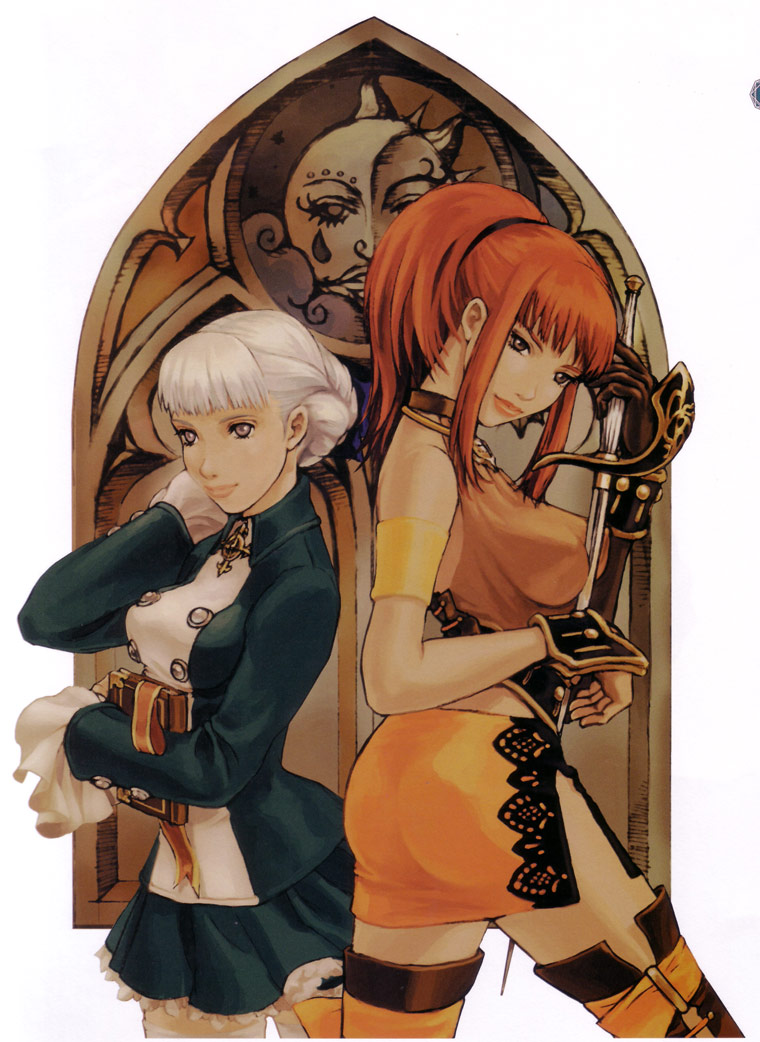 katou miyako, alice elliot, karin koenig, shadow hearts, shadow hearts ii, black footwear, black legwear, white legwear, official art, scan, 2girls, armlet, ass, back-to-back, bare shoulders, between breasts, book, boots, breasts, buttons, cloud, cowboy shot, elbow gloves, from side, garter straps, gloves, hair bun, halterneck, head tilt, height difference, high ponytail, holding, holding book, jewelry, lace, lace-trimmed skirt, lace-up boots, lace trim, light smile, lips, lipstick, long sleeves, makeup, miniskirt, moon, multiple girls, necklace, pencil skirt, petticoat, pleated skirt, ponytail, purple eyes, rapier, red hair, scrunchie, short hair, side slit, sidelocks, single glove, single hair bun, skirt, smile, sun, sword, tears, thigh boots, thighhighs, weapon, white hair, wrist cuffs, zettai ryouiki