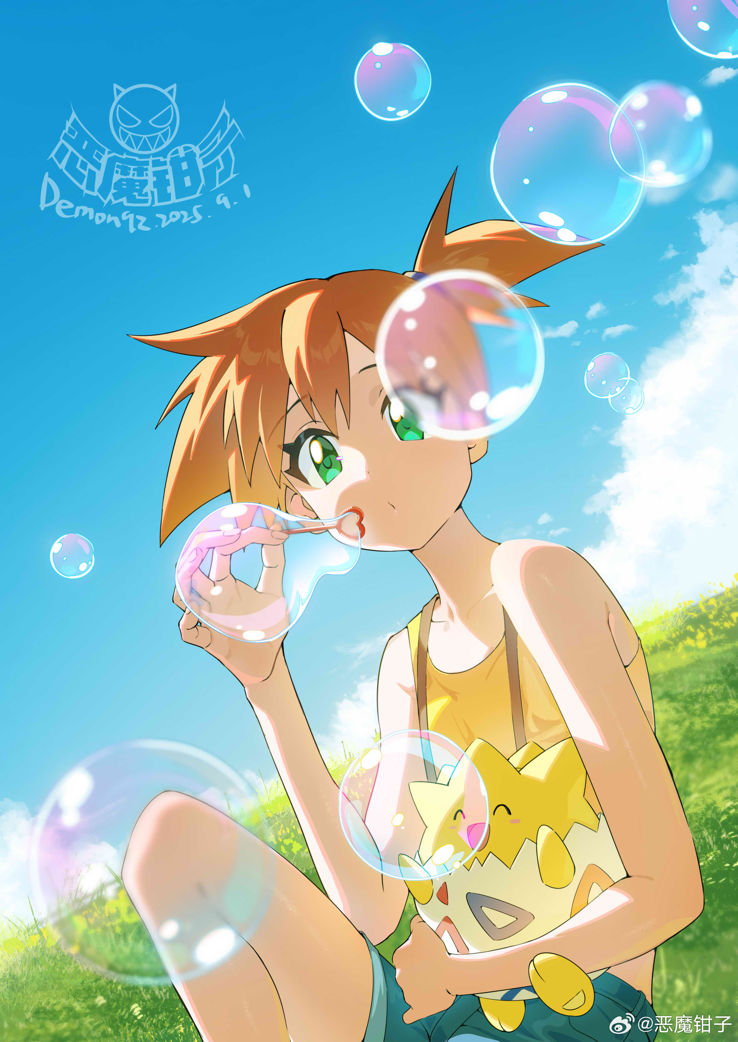 misty (pokemon), togepi, nintendo, pokemon, pokemon (anime), pokemon (classic anime), 1girl, bare arms, blowing bubbles, blue sky, bubble, closed mouth, cloud, collarbone, day, denim, denim shorts, eyelashes, gen 2 pokemon, grass, green eyes, green shorts, hair tie, hand up, holding, holding pokemon, looking at viewer, orange hair, outdoors, pokemon (creature), ponytail, shirt, short hair, shorts, side ponytail, sitting, sky, sleeveless, sleeveless shirt, suspender shorts, suspenders, tank top, yellow shirt, yellow tank top