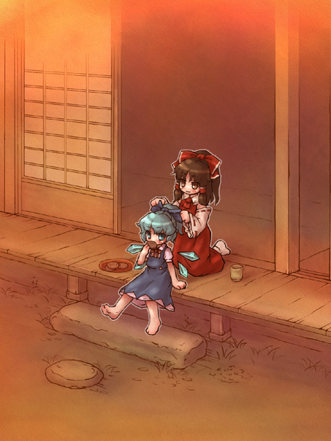 sankuma, cirno, hakurei reimu, embodiment of scarlet devil, touhou, 2girls, adjusting hair, alternate hairstyle, barefoot, blue dress, blue eyes, blue hair, bow, brown eyes, brown hair, cup, detached sleeves, dress, eating, female focus, food, hair bow, hair tubes, high ponytail, ice, ice wings, kicking, kneeling, long hair, multiple girls, open door, ponytail, rock, senbei, sitting, sliding doors, tatami, teacup, tying hair, veranda, wings, yunomi