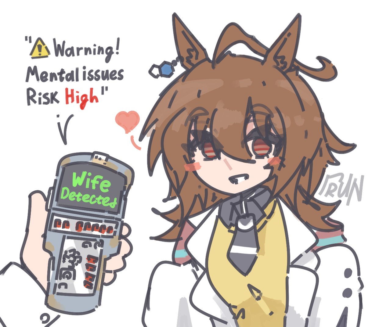 trun2554, agnes tachyon (umamusume), umamusume, commentary, english commentary, 1girl, 1other, ahoge, animal ear piercing, animal ears, black necktie, black shirt, blush stickers, brown hair, coat, collared shirt, english text, eyes visible through hair, grin, hair between eyes, heart, holding, horse ears, horse girl, lab coat, long bangs, long sleeves, looking at viewer, medium hair, necktie, pov, red eyes, shirt, short necktie, sign, signature, simple background, sleeves past fingers, sleeves past wrists, smile, spoken heart, sweater, warning sign, white background, white coat, yellow sweater
