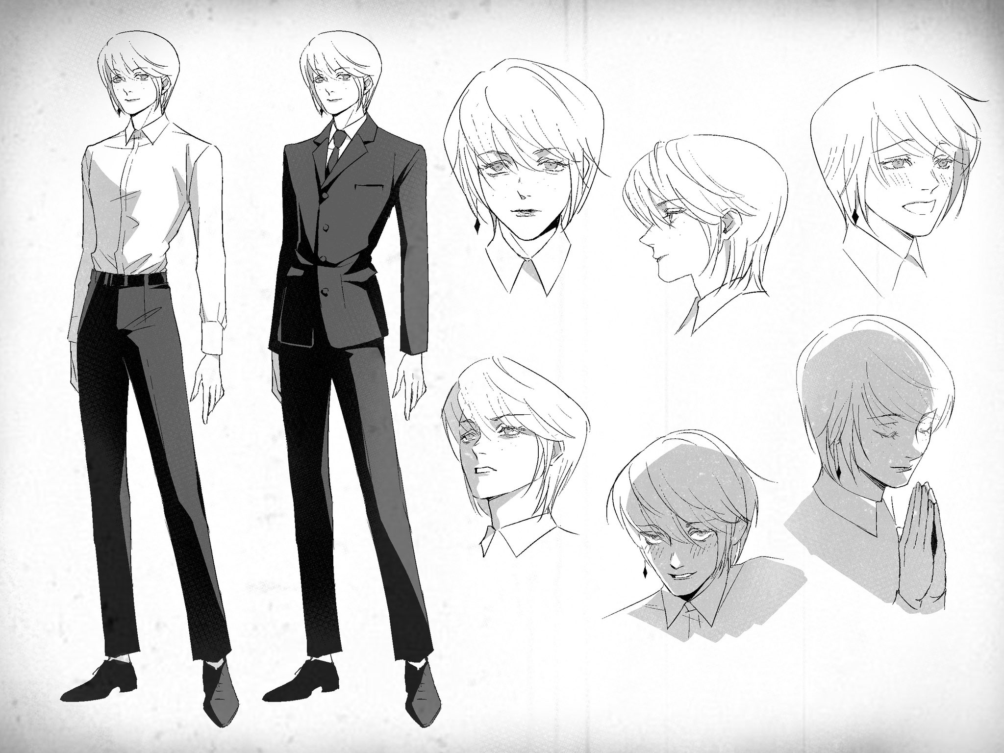kurapika, hunter x hunter, highres, 63roku63, alternate universe, belt, blush, closed mouth, formal clothes, greyscale, lips, monochrome, necktie, pants, parted lips, shoes, smile, suit