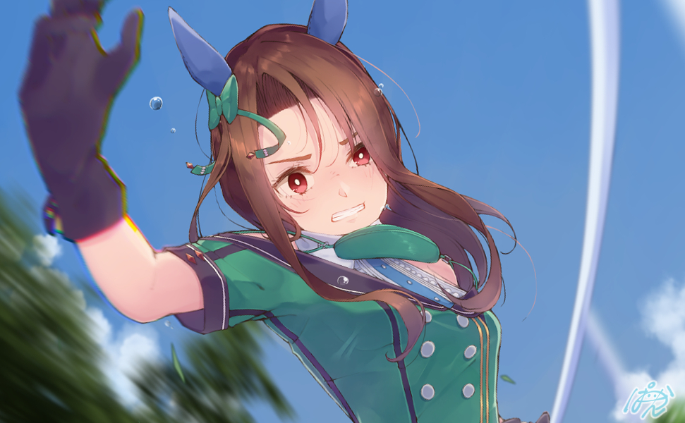 paayan (hagakinorock54), king halo (umamusume), umamusume, 1girl, animal ears, black gloves, blurry, blurry background, brown hair, buttons, clenched teeth, dress, ear covers, gloves, green dress, horse ears, horse girl, looking at viewer, outdoors, red eyes, running, solo, sweat, teeth