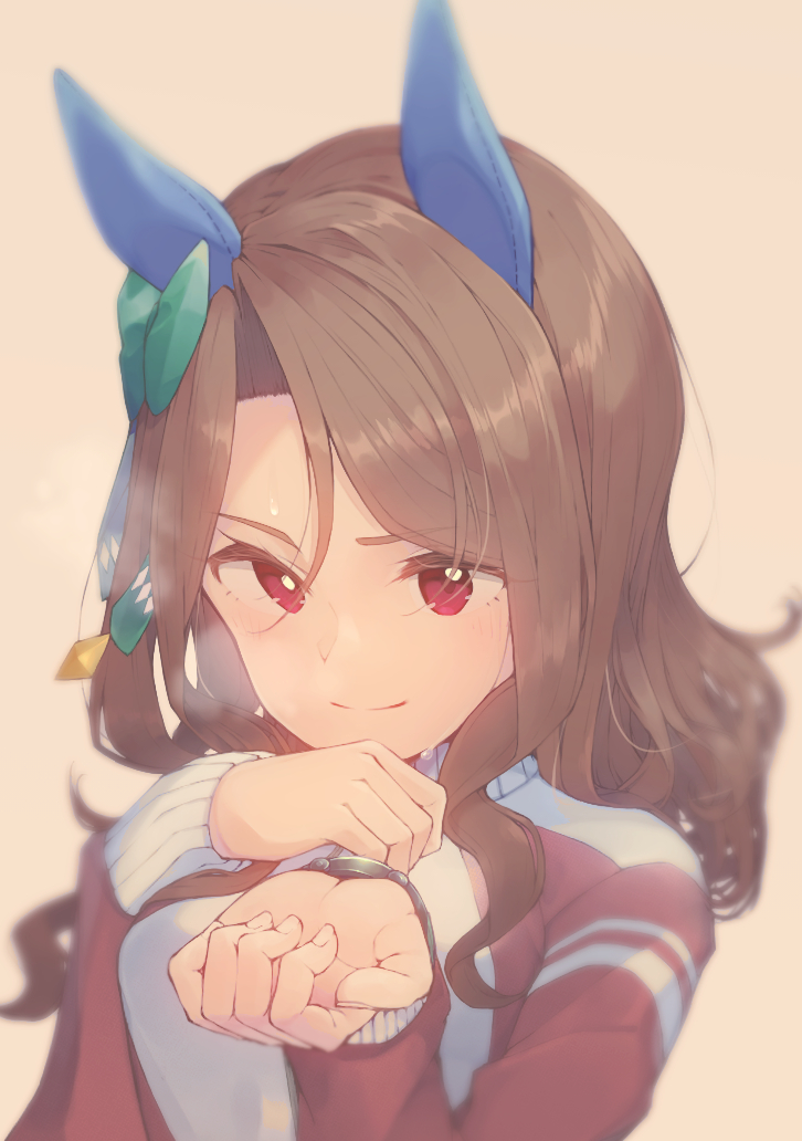 paayan (hagakinorock54), king halo (umamusume), umamusume, 1girl, alternate costume, animal ears, brown hair, ear covers, horse ears, horse girl, jacket, jersey, long sleeves, looking at viewer, red eyes, smile, solo, steam, track jacket, track suit, watch