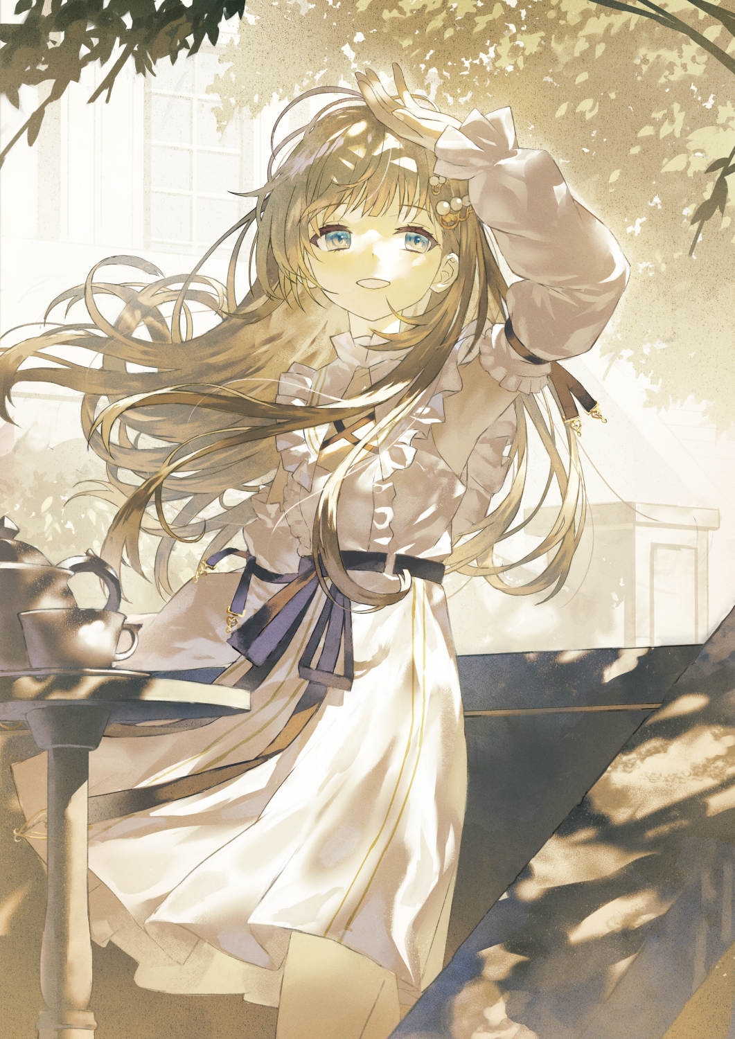 fagi (kakikaki), hanabusa lisa, vspo!, highres, 1girl, belt, black belt, blonde hair, blue eyes, dappled sunlight, detached sleeves, dress, floating hair, floating rock, frilled dress, frills, hand up, long hair, long sleeves, outdoors, puffy long sleeves, puffy sleeves, ribbon, smile, solo, sunlight, virtual youtuber, white dress