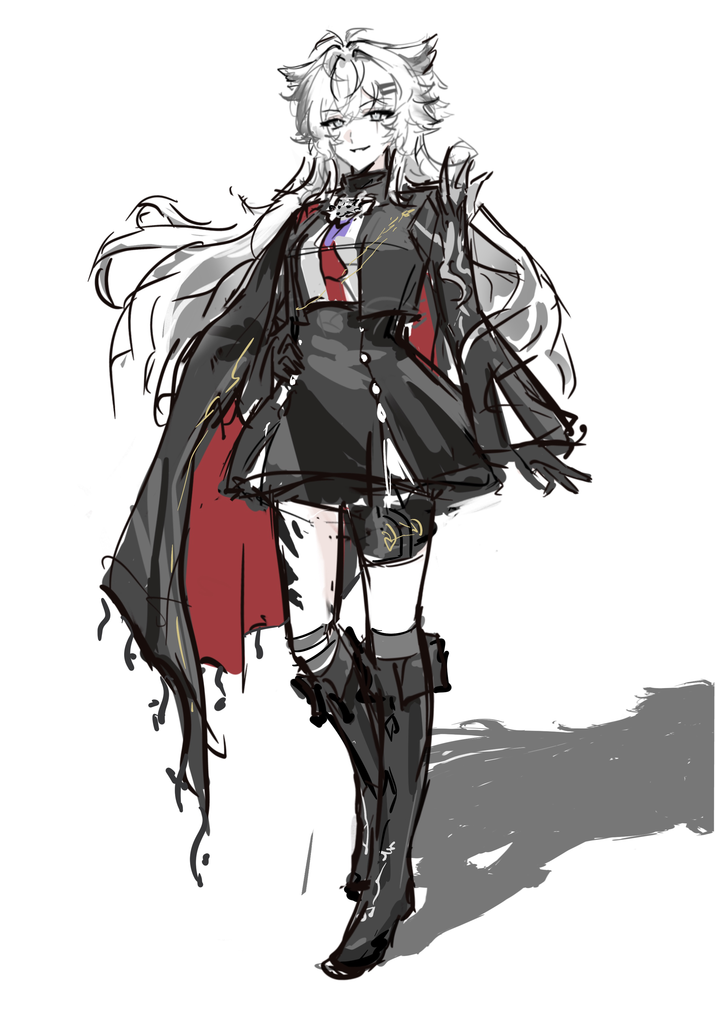 lappland (arknights), lappland the decadenza (arknights), arknights, absurdres, highres, 1girl, ajie330210, animal ears, black boots, black cape, black gloves, boots, cape, colored skin, crossed bangs, full body, gloves, grey eyes, hair between eyes, hair ornament, hairclip, knee boots, long hair, long sleeves, looking at viewer, material growth, oripathy lesion (arknights), parted lips, red cape, scar, scar across eye, scar on face, simple background, sketch, smile, solo, standing, two-sided cape, two-sided fabric, white background, white hair, white skin, wolf ears, wolf girl