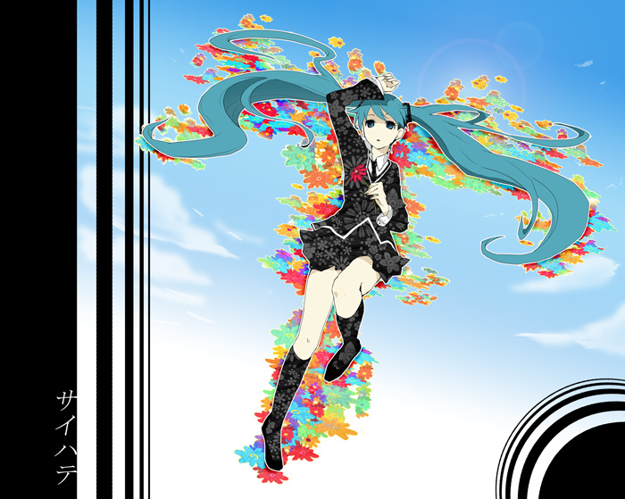 sazame, yuki (popopo), hatsune miku, hatsune miku (saihate), saihate (vocaloid), vocaloid, 1girl, aqua eyes, aqua hair, arm up, female focus, flower, long hair, solo, twintails, very long hair